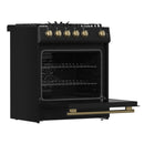 Forno 4-Piece Appliance Package - 30-Inch Espresso Gas Range , Wall Mount Range Hood, 60-Inch Built-In Convertible Refrigerator, and Dishwasher in Black with Antique Brass Handle