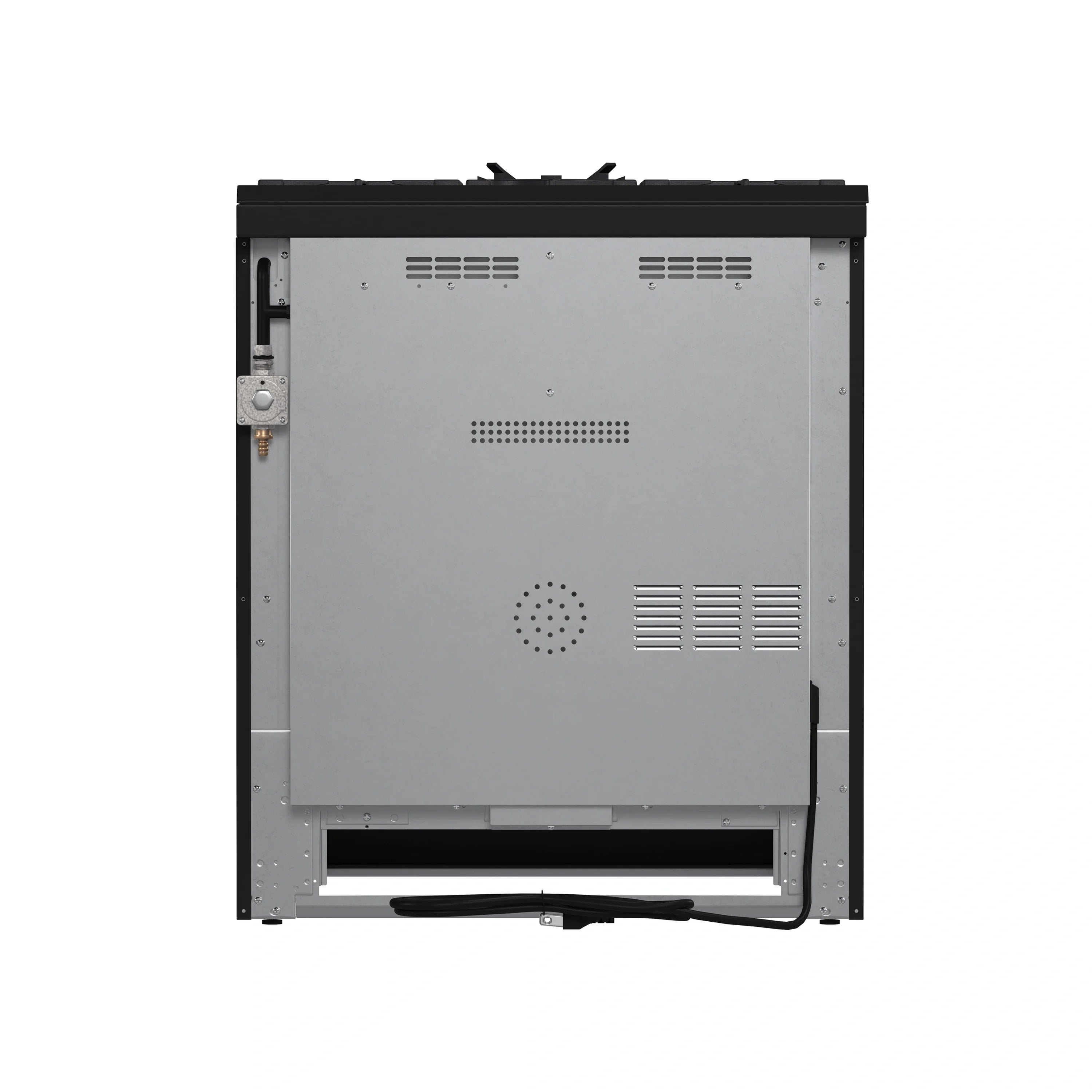 Black wall-mount range hood interior panel with baffle vents and pull-out filter