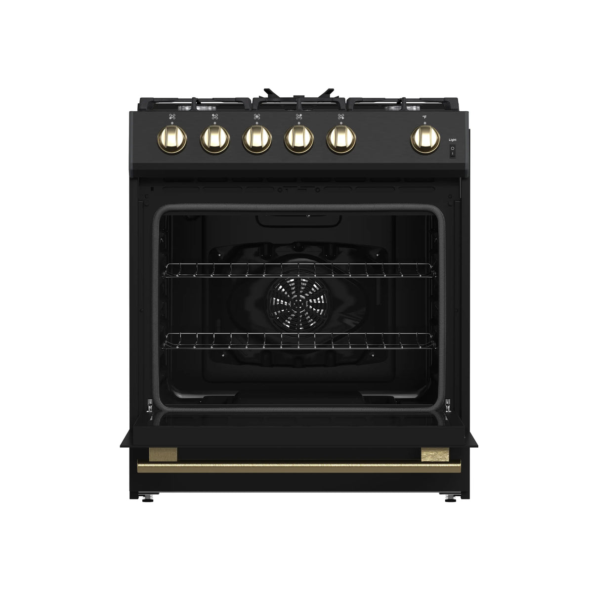 Black gas range with brass knobs and open oven cavity with racks.