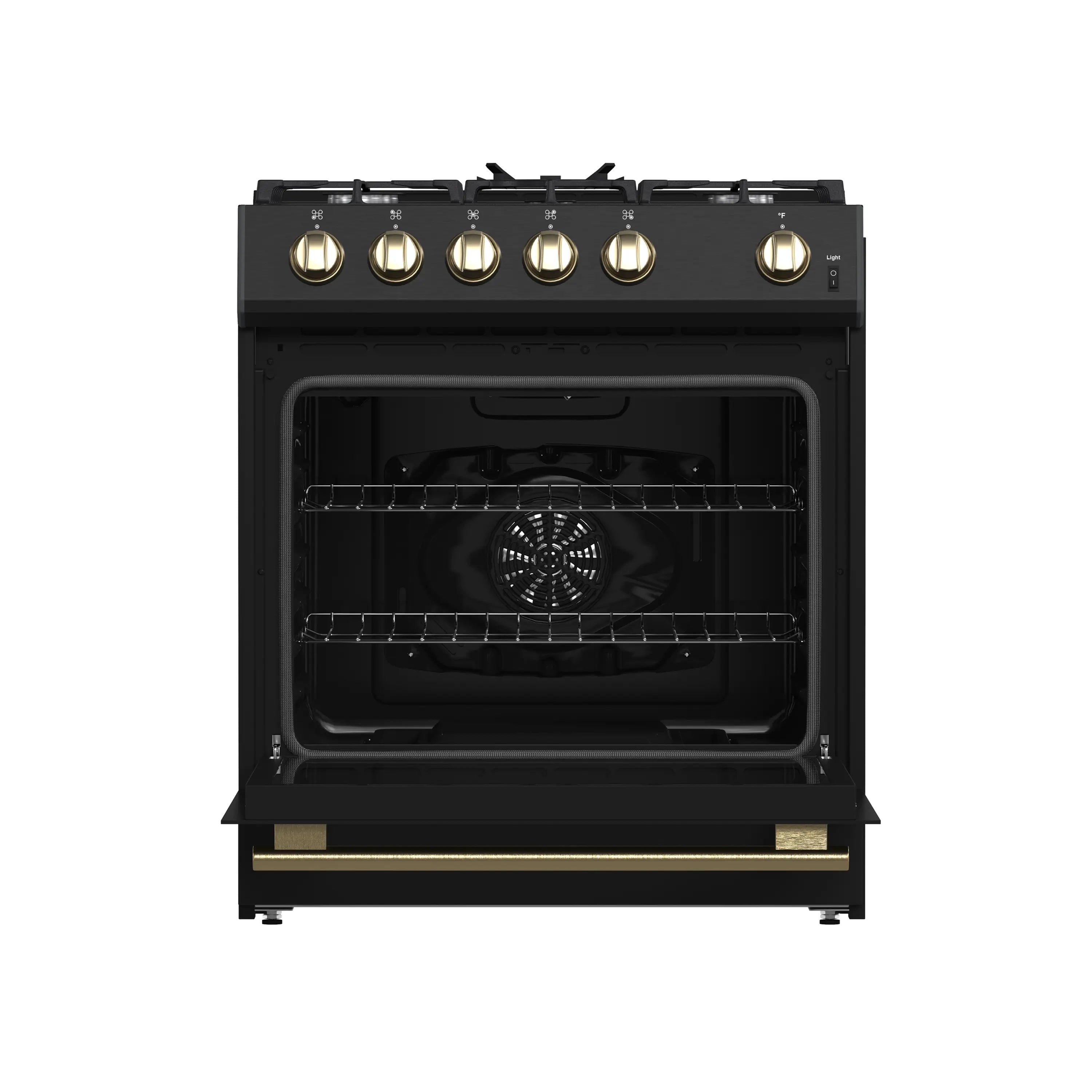 Black 30-inch gas range with six burners and oven door window