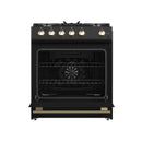 Forno 4-Piece Appliance Package - 30-Inch Espresso Gas Range , Wall Mount Range Hood, 60-Inch Built-In Convertible Refrigerator, and Dishwasher in Black with Antique Brass Handle