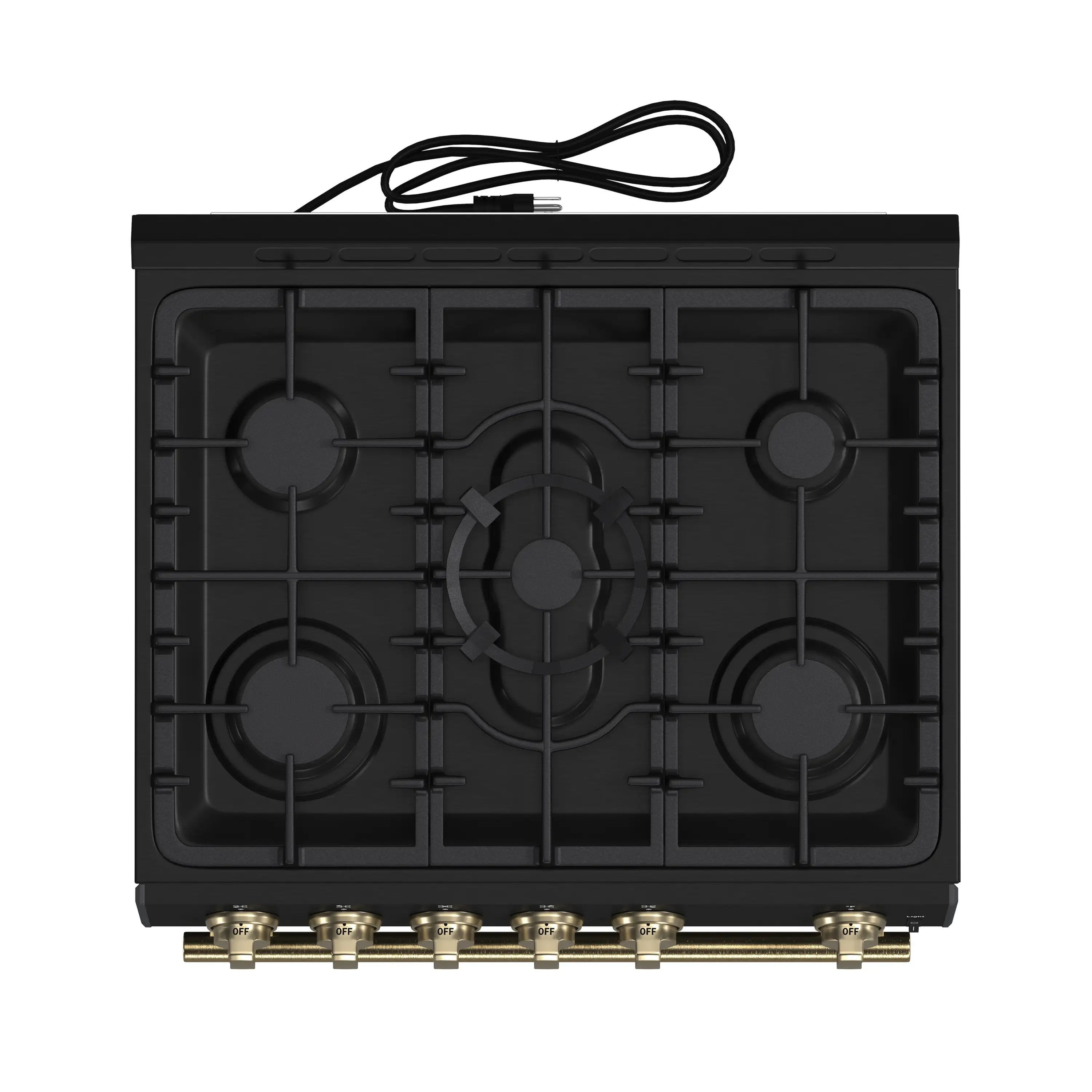 Black gas cooktop burner layout with antique brass gas control tubes at front