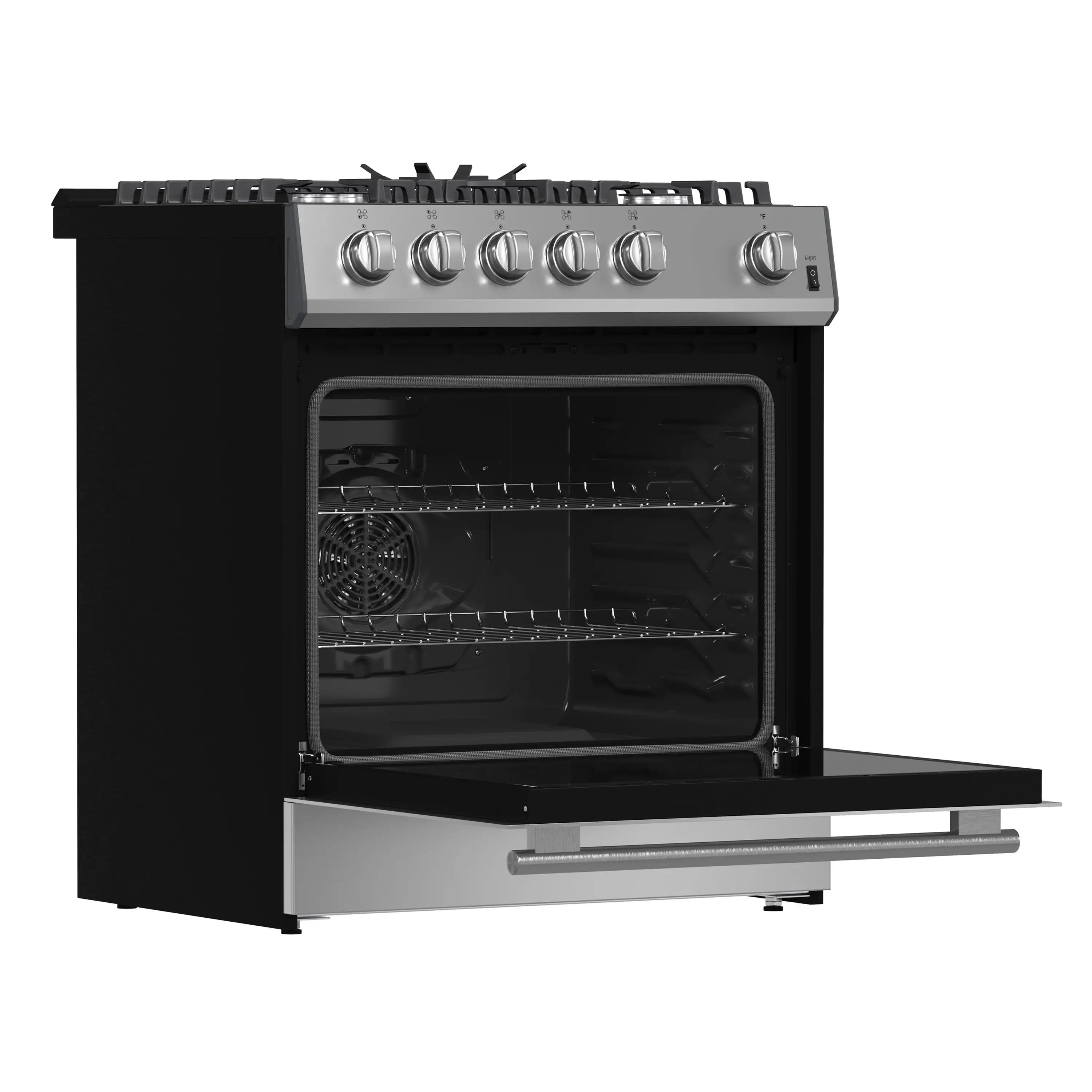 Stainless steel gas range with open oven door, black glass window, control knobs