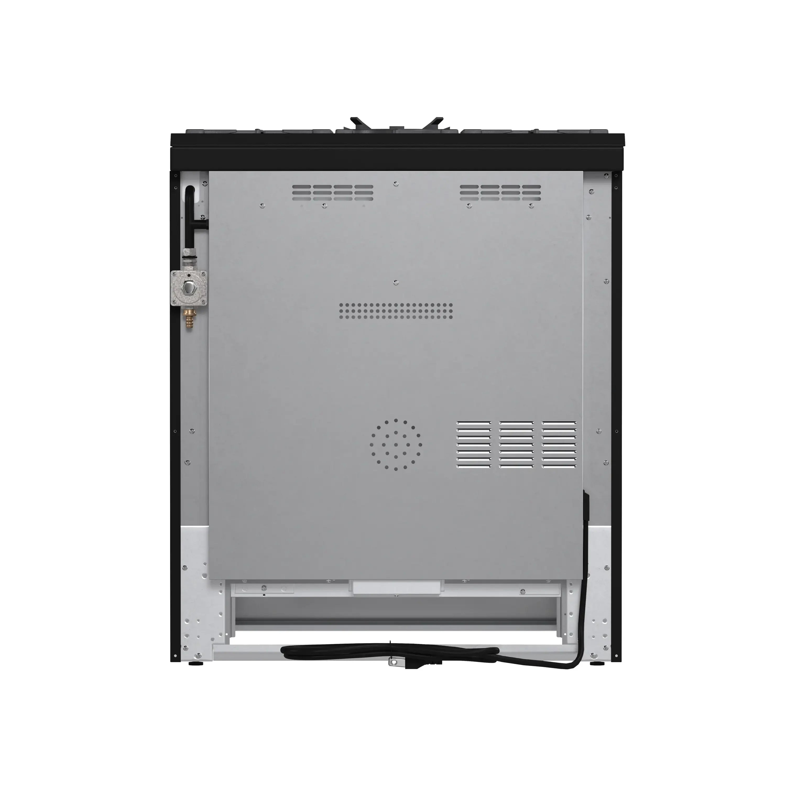 Built-in refrigerator rear access view with vents, connectors, and power inlet
