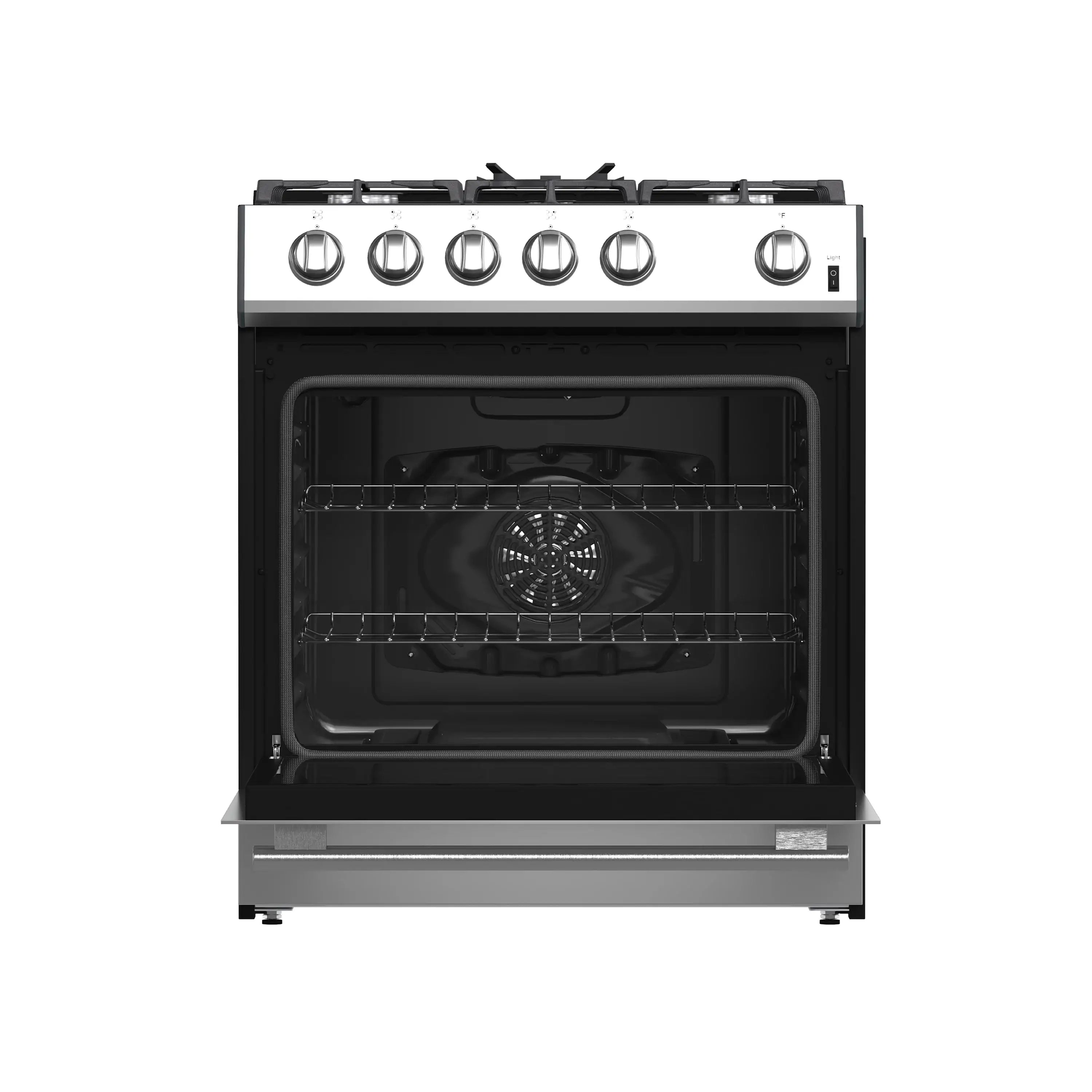 Stainless steel gas range with open oven door showing burner fan and racks