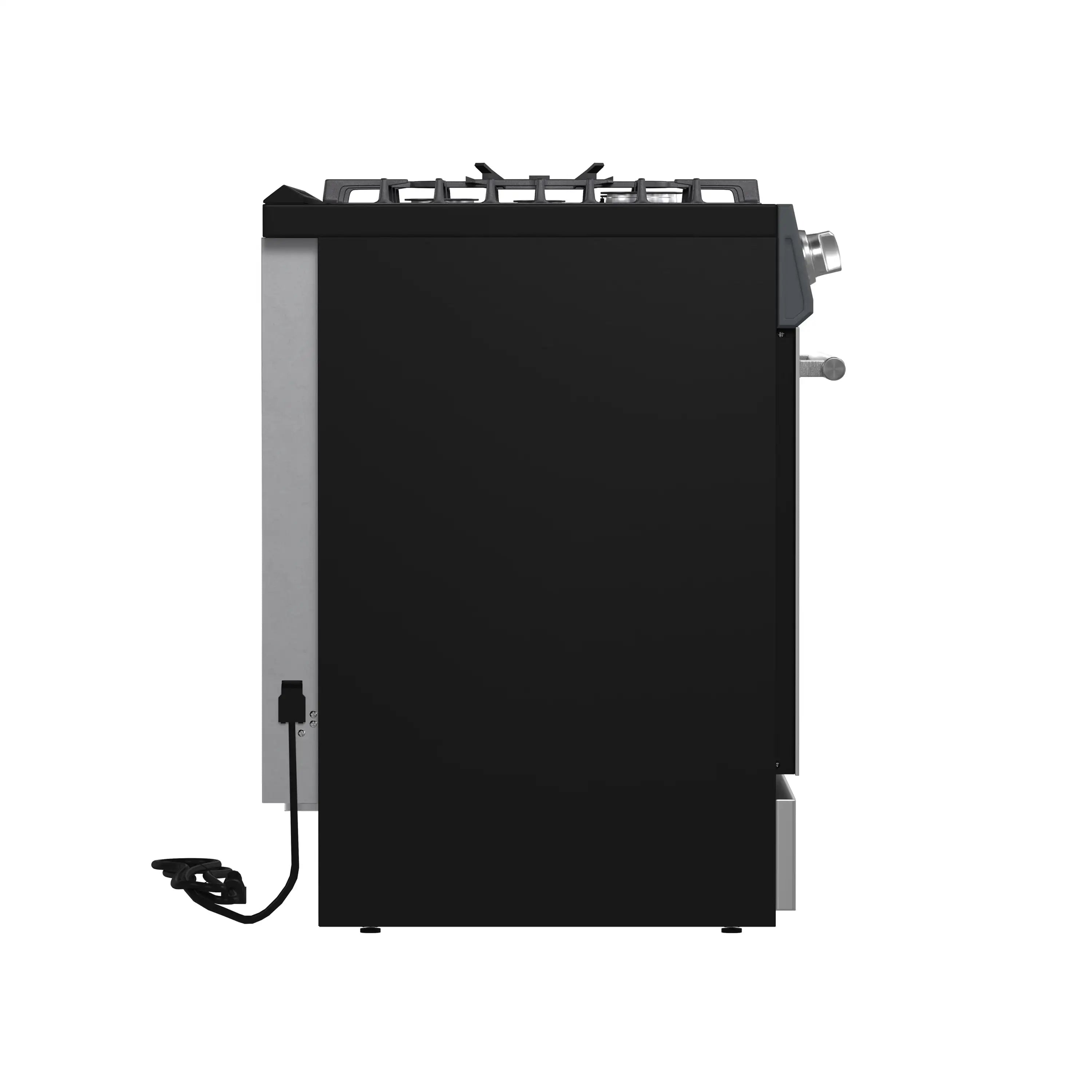 Stainless steel gas range side profile with black control area and rear connections