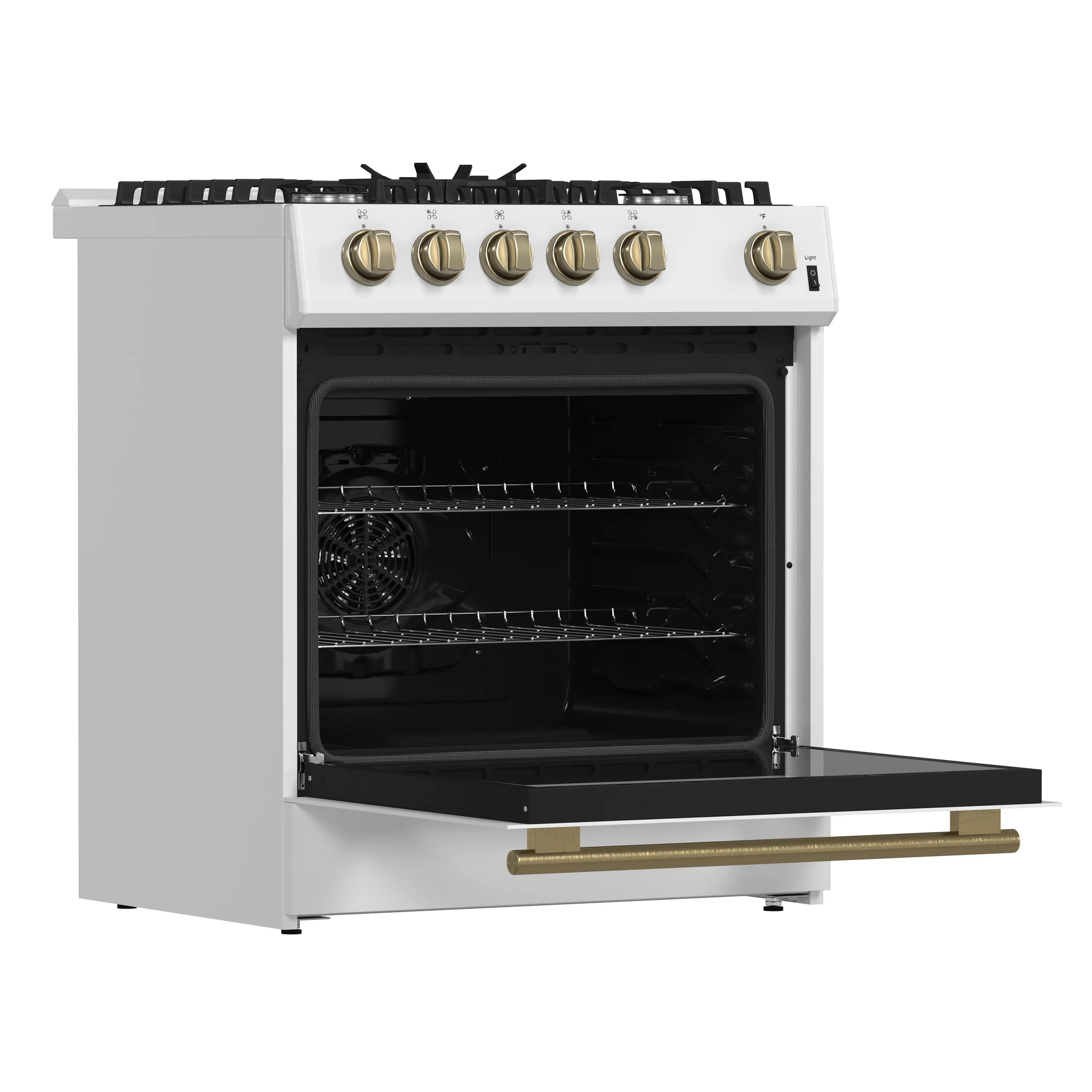 White gas range with brass knobs, open oven door, and extended gold handle