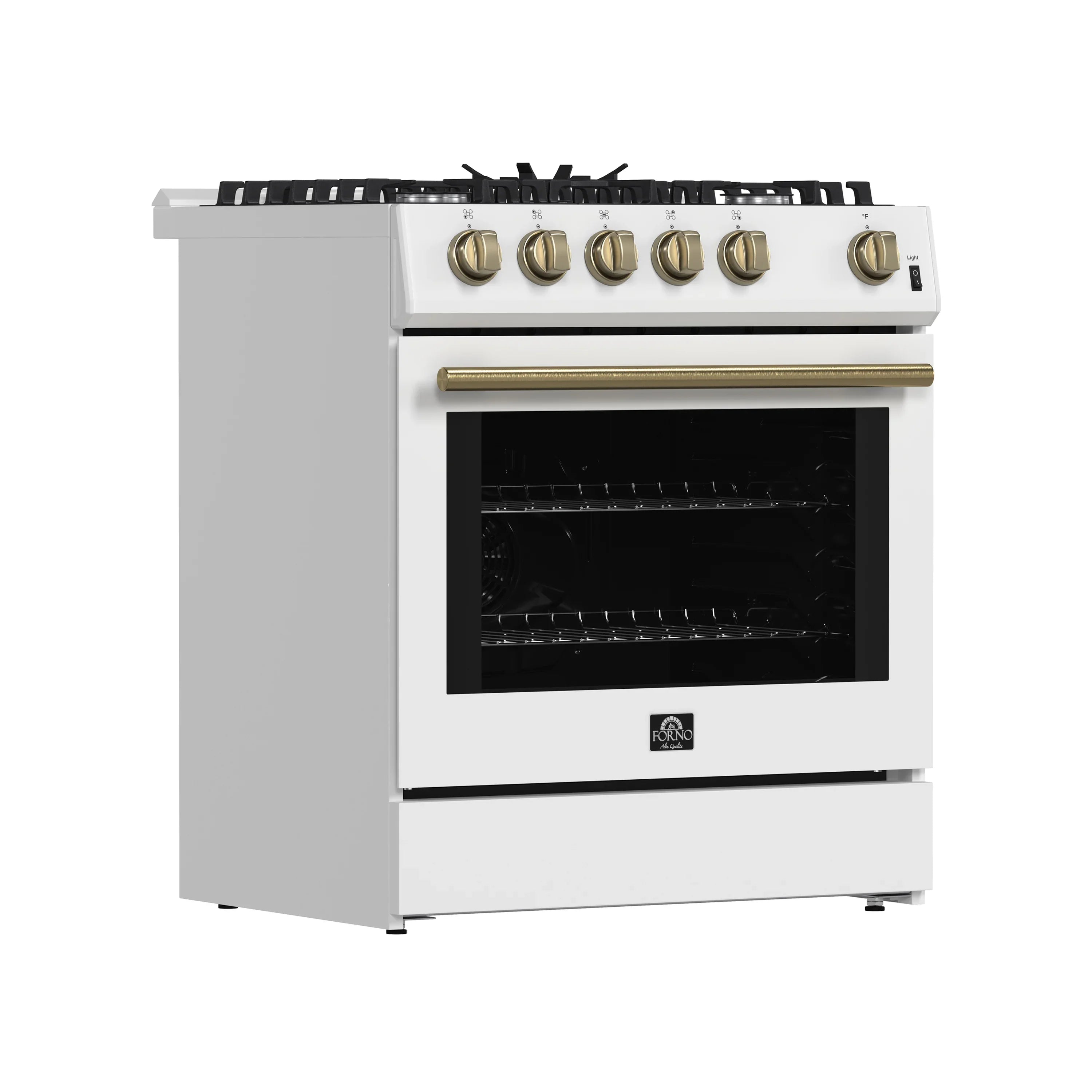 White gas range with brass knobs and open black oven door