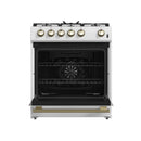 Forno 4-Piece Appliance Package - 30-Inch Espresso Gas Range , Wall Mount Range Hood, 36-Inch French Door Refrigerator, and Dishwasher in White with Antique Brass Handle
