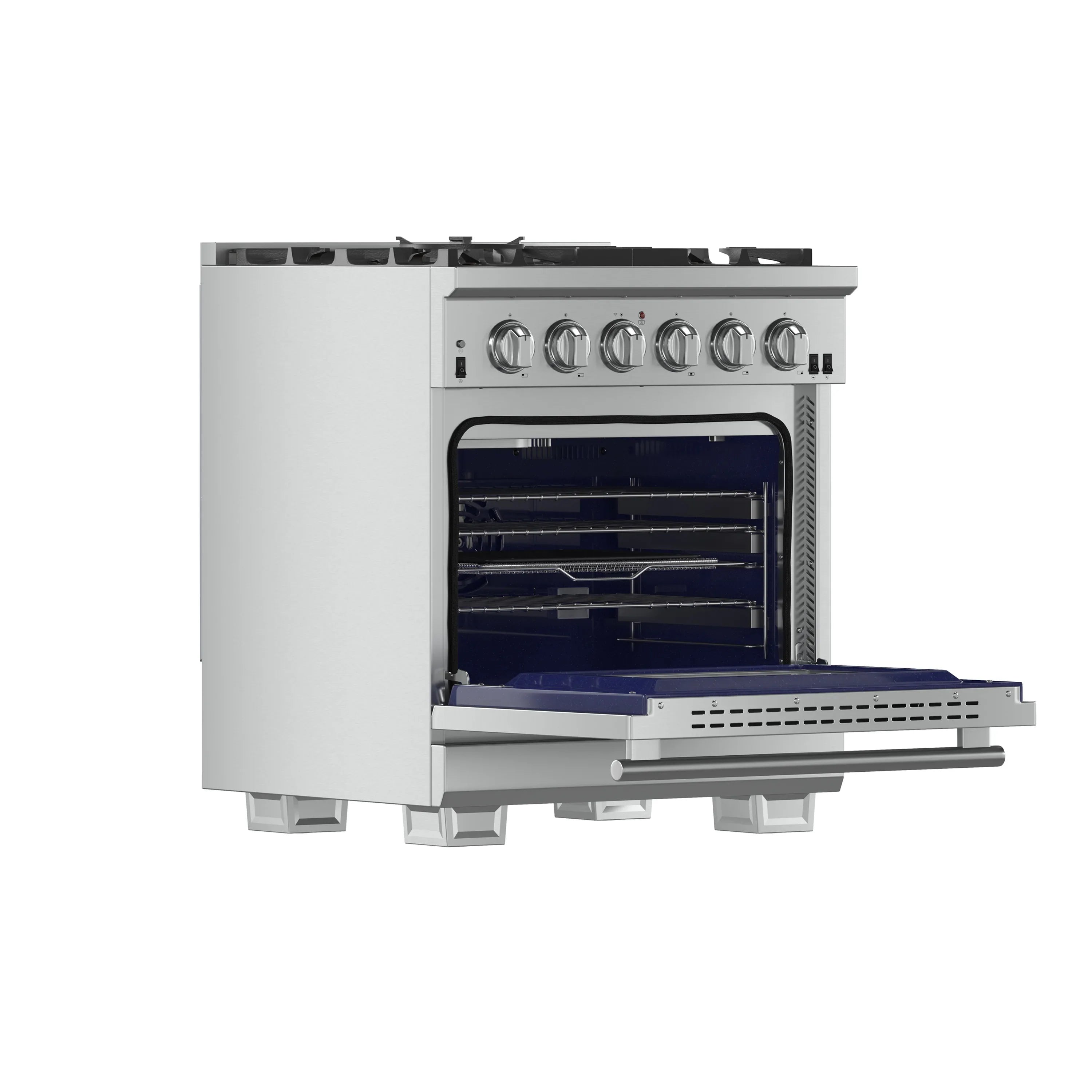 Stainless steel gas range with oven door open and front broiler area visible