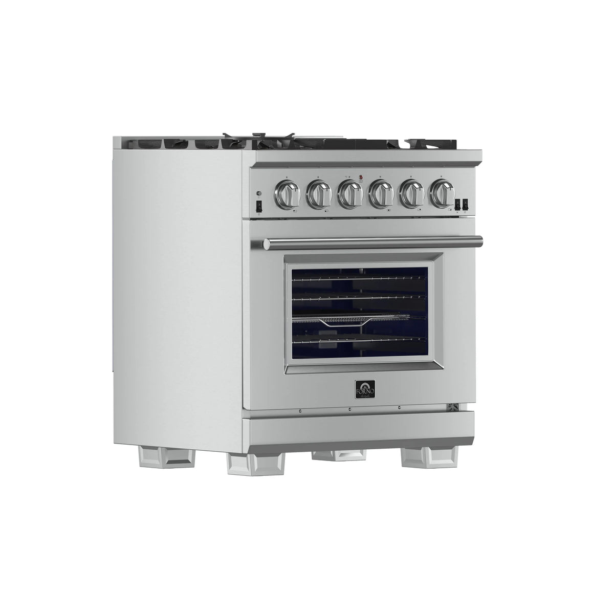 Stainless steel freestanding gas range with six burner grates and oven window