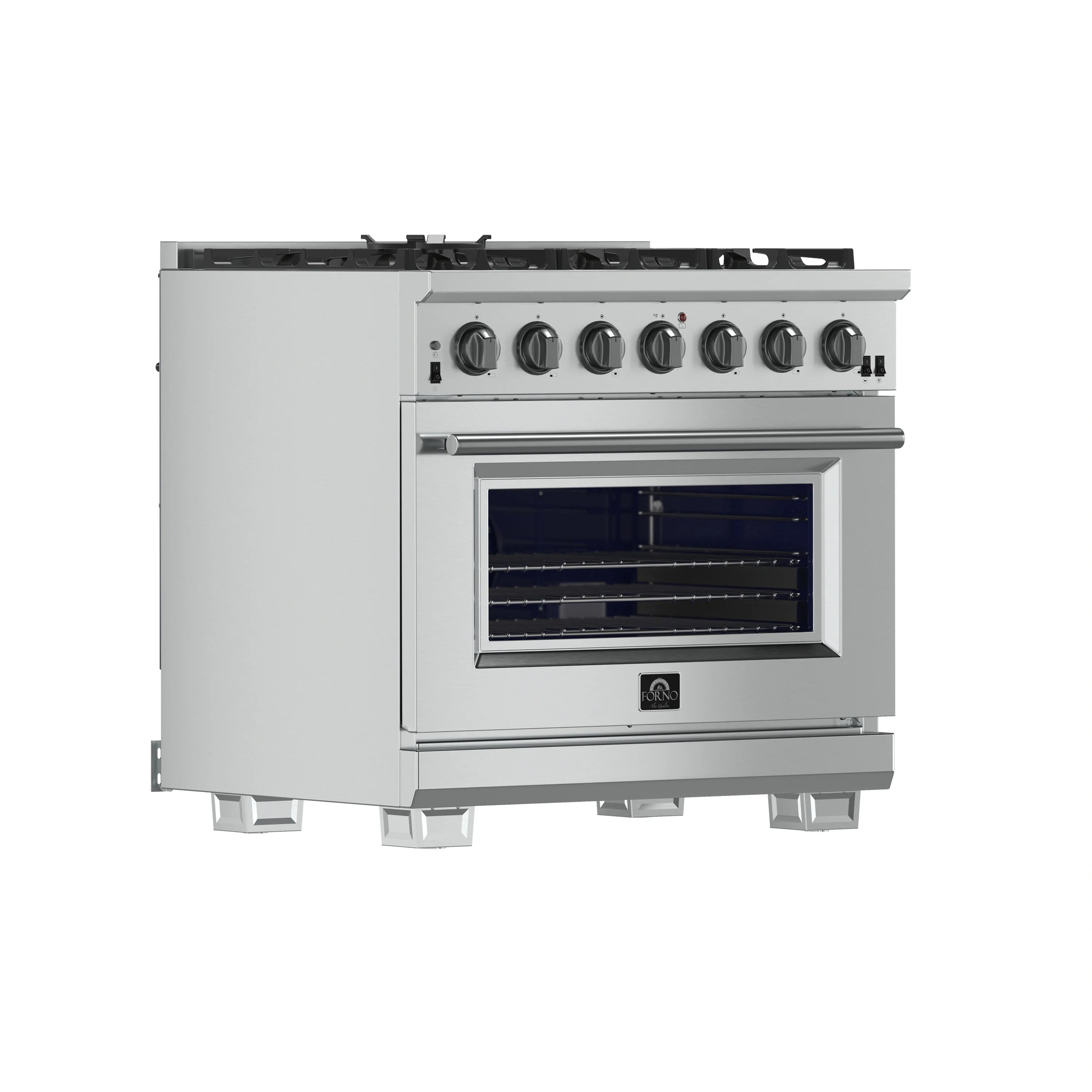 Stainless steel gas range with oven window and row of control knobs