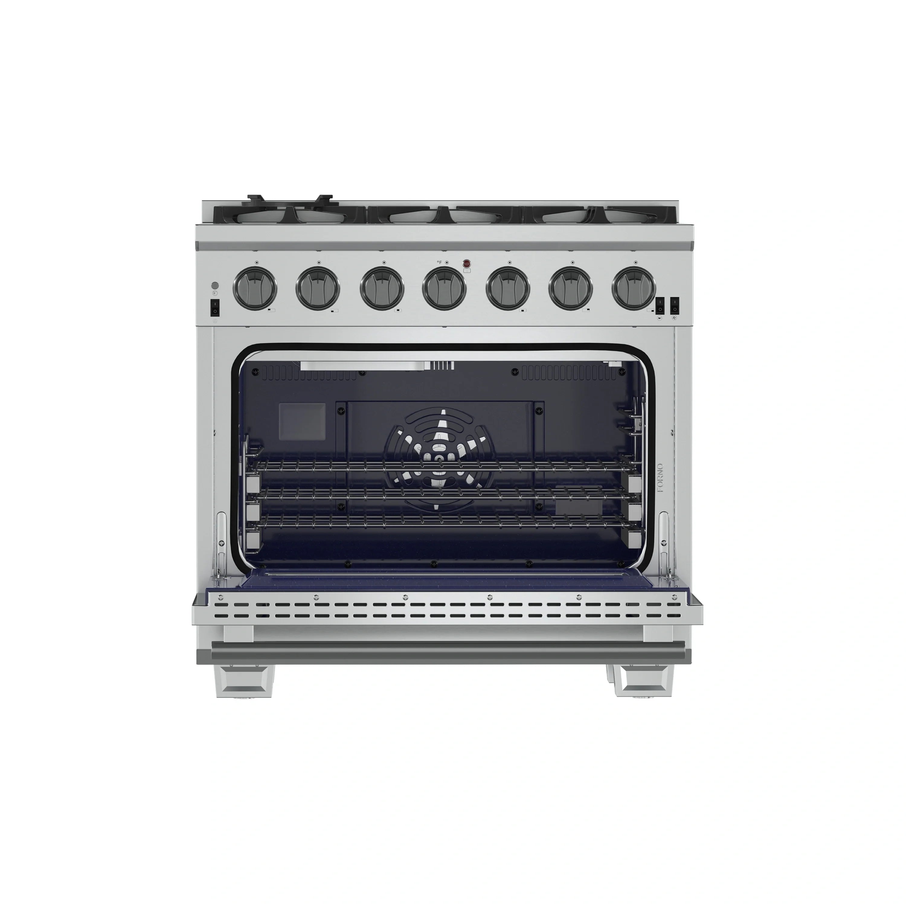 Stainless steel gas range with oven door open and blue interior racks