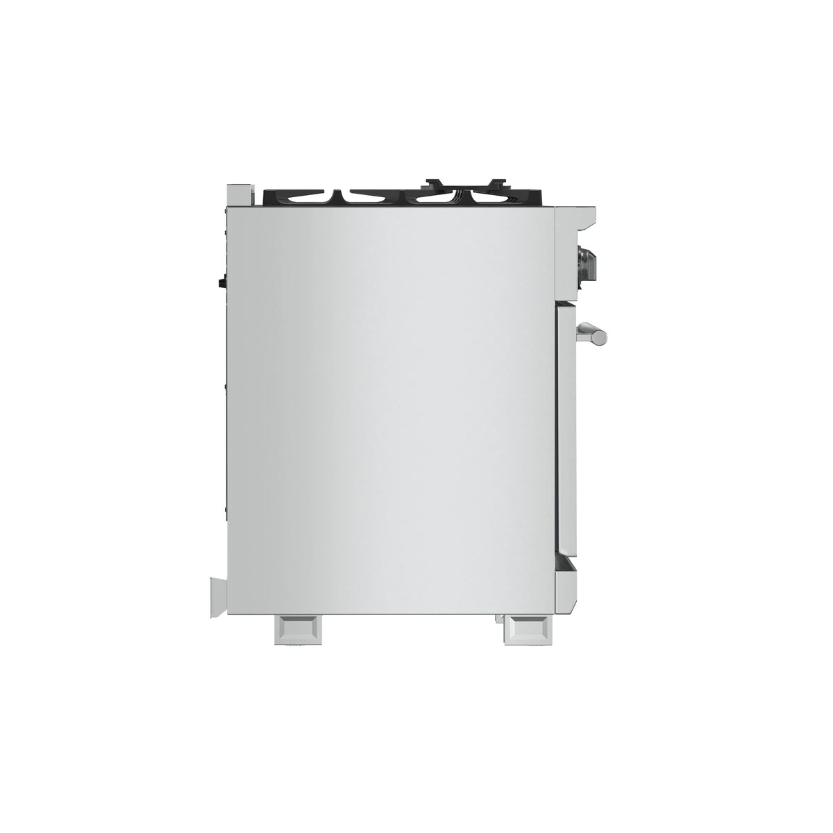 Stainless steel gas range side view with control area and burner controls