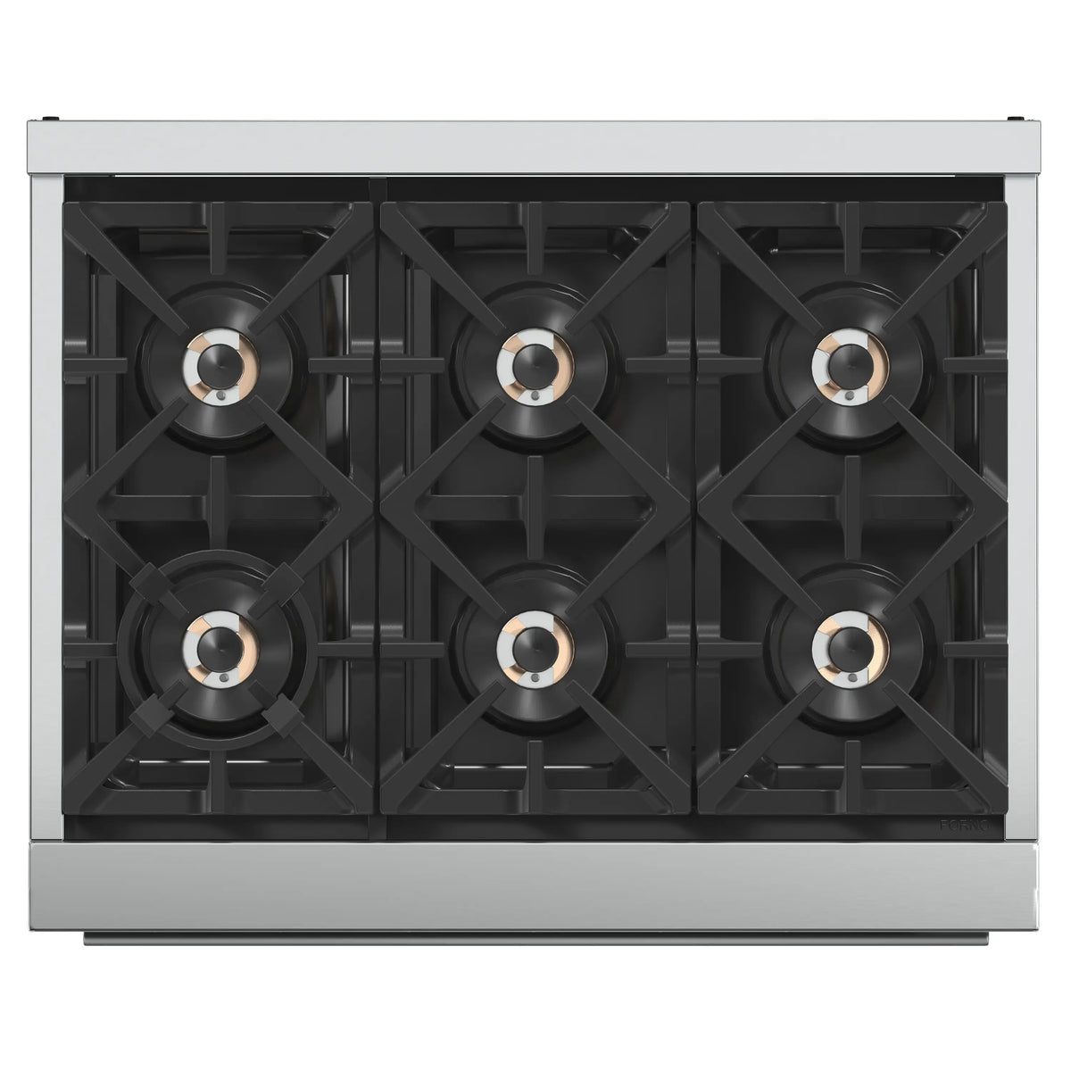 Stainless steel gas cooktop with black grates and burner caps