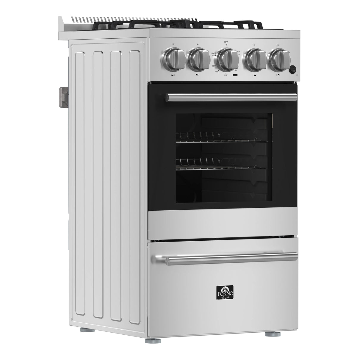 Stainless steel 20-inch gas range with oven door, control knobs, and side panel
