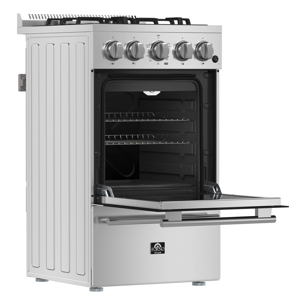Stainless steel gas range with open oven door and front control knobs