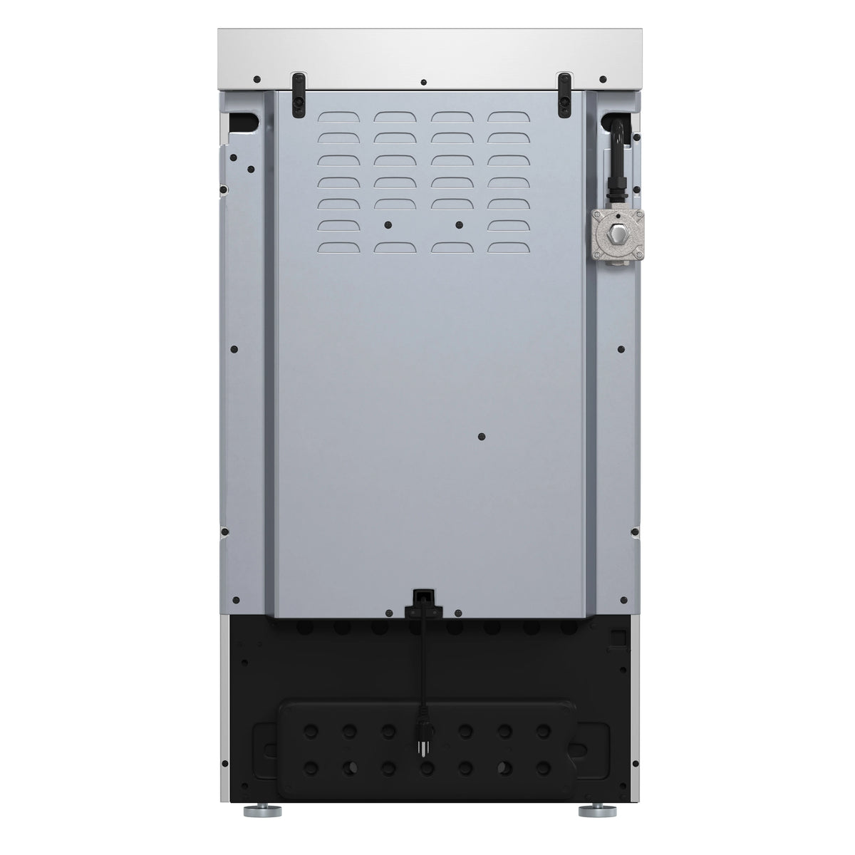 Stainless steel gas range rear base cover with mounting feet and hardware