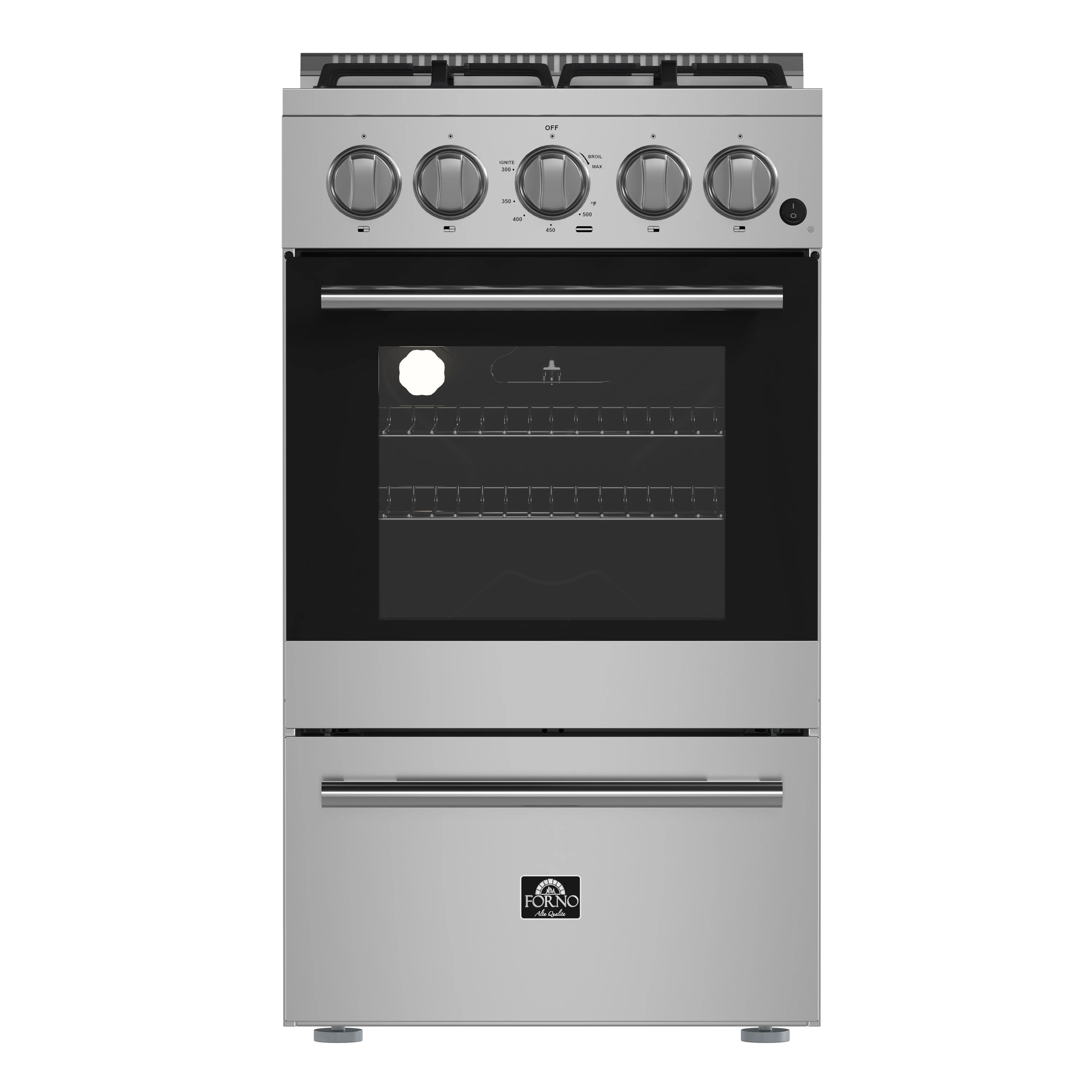 Stainless steel gas range with 4 burners, oven door, and front control knobs
