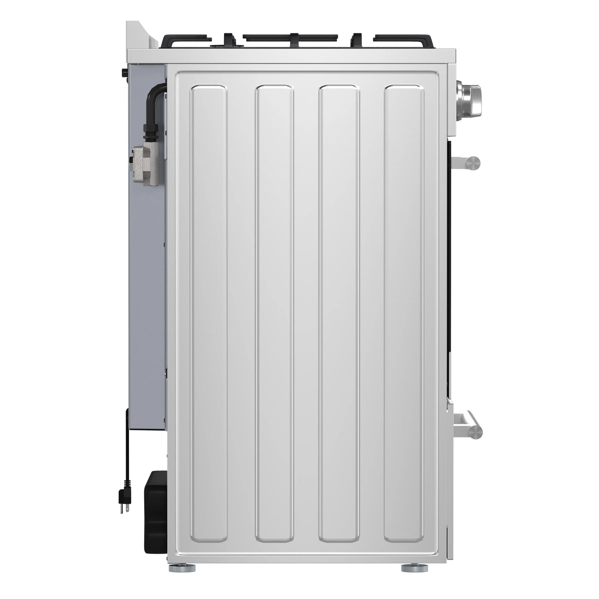 Stainless steel gas range side rear view with vented panel and connection fittings