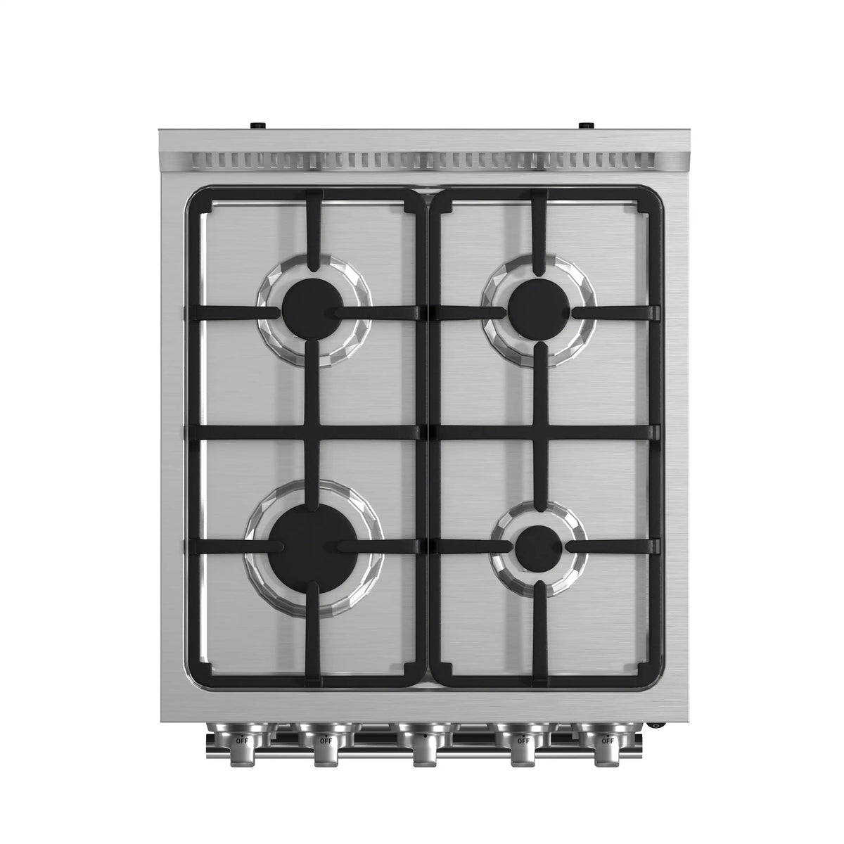 Stainless steel four-burner cooktop with burner caps and black pan supports