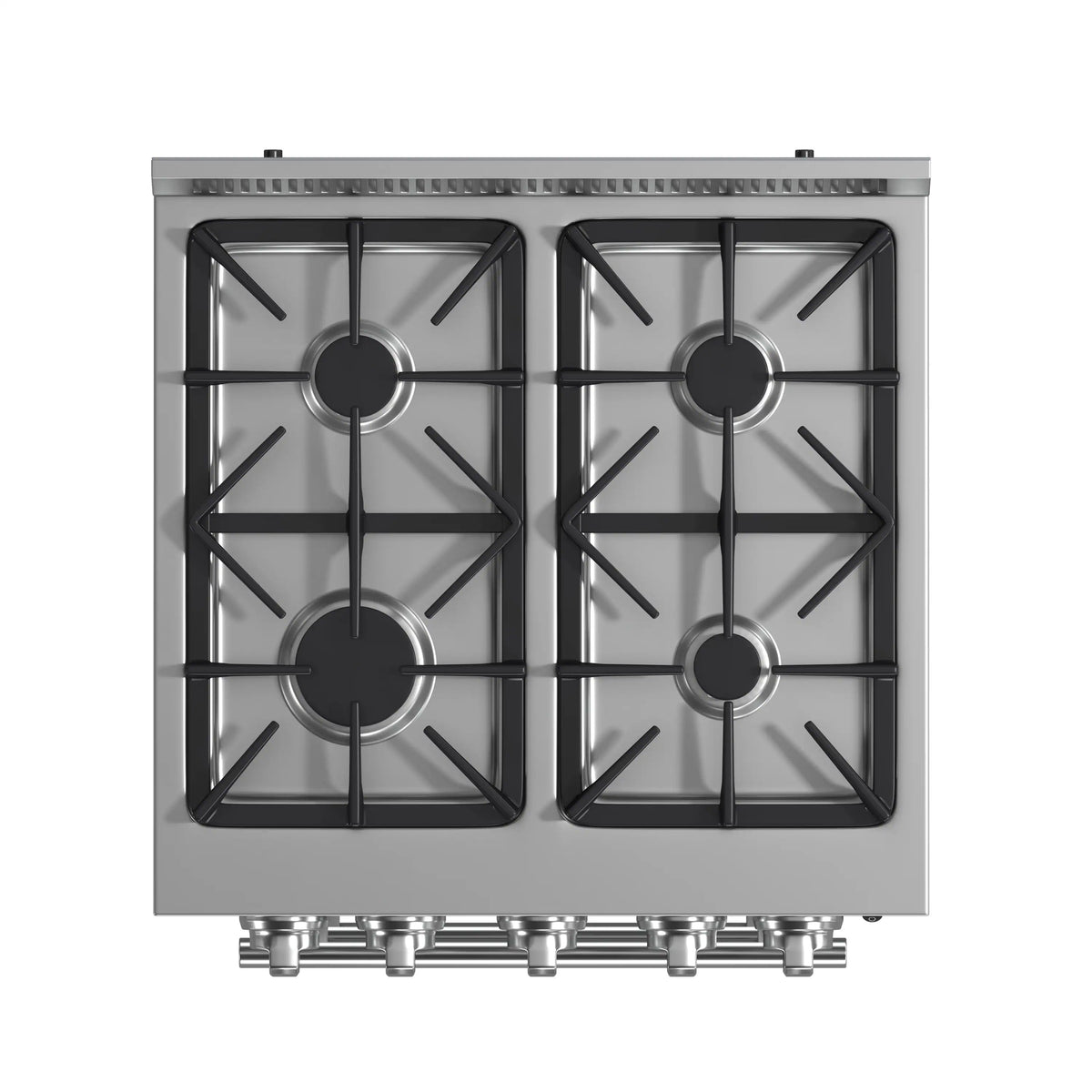 Stainless steel gas cooktop with four burner grates and black control area