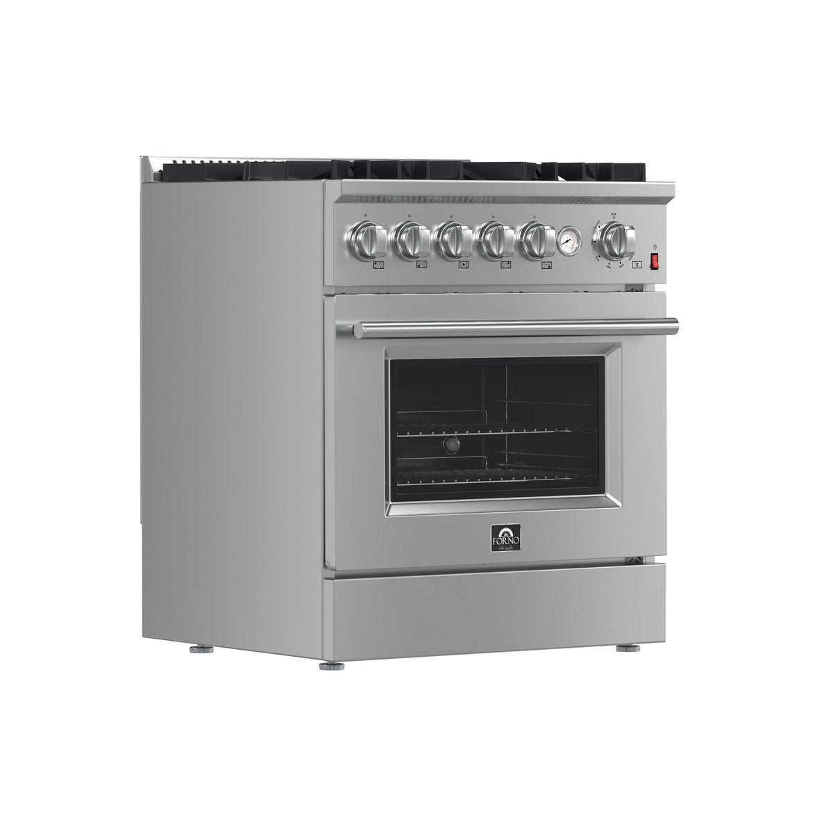 Stainless steel gas range with control knobs and oven door