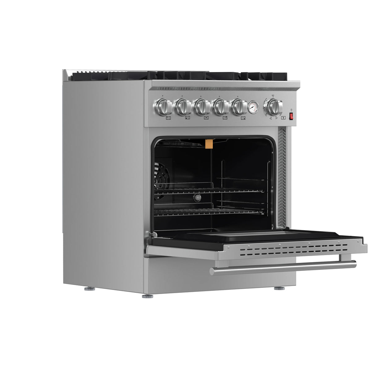 Stainless steel gas range with open convection oven and front drawer-style storage
