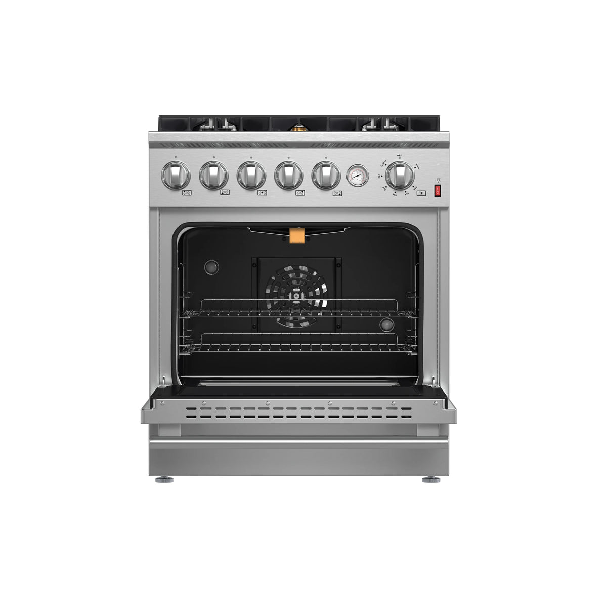 Stainless steel gas range with open convection oven door and temperature dial