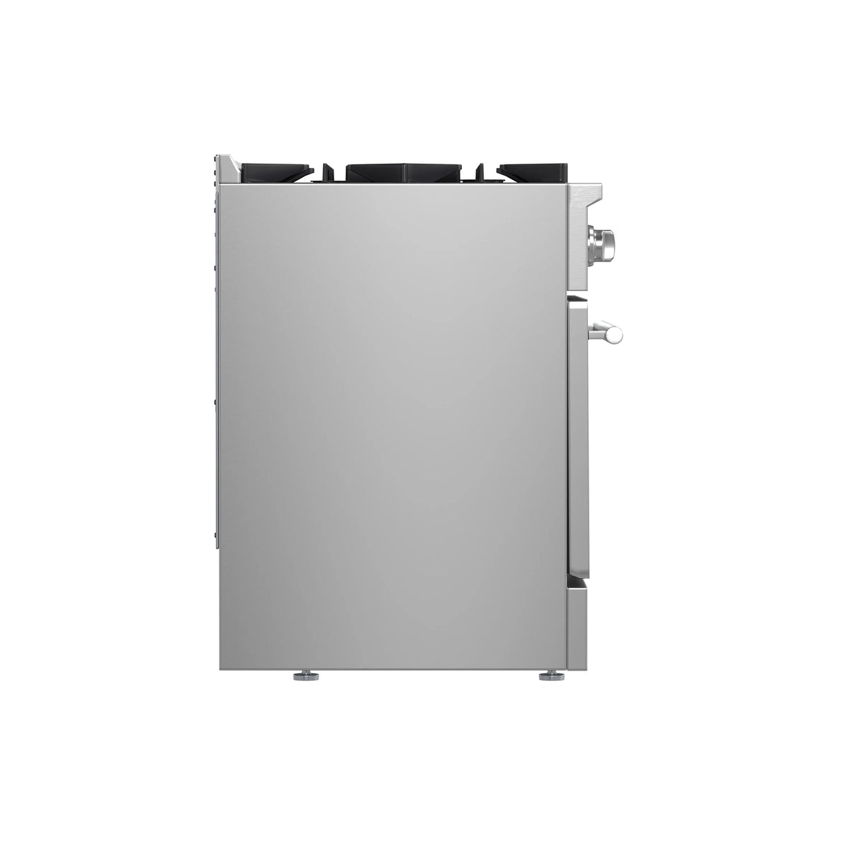 Side view of stainless steel 30-inch gas range with control knobs and burner grates