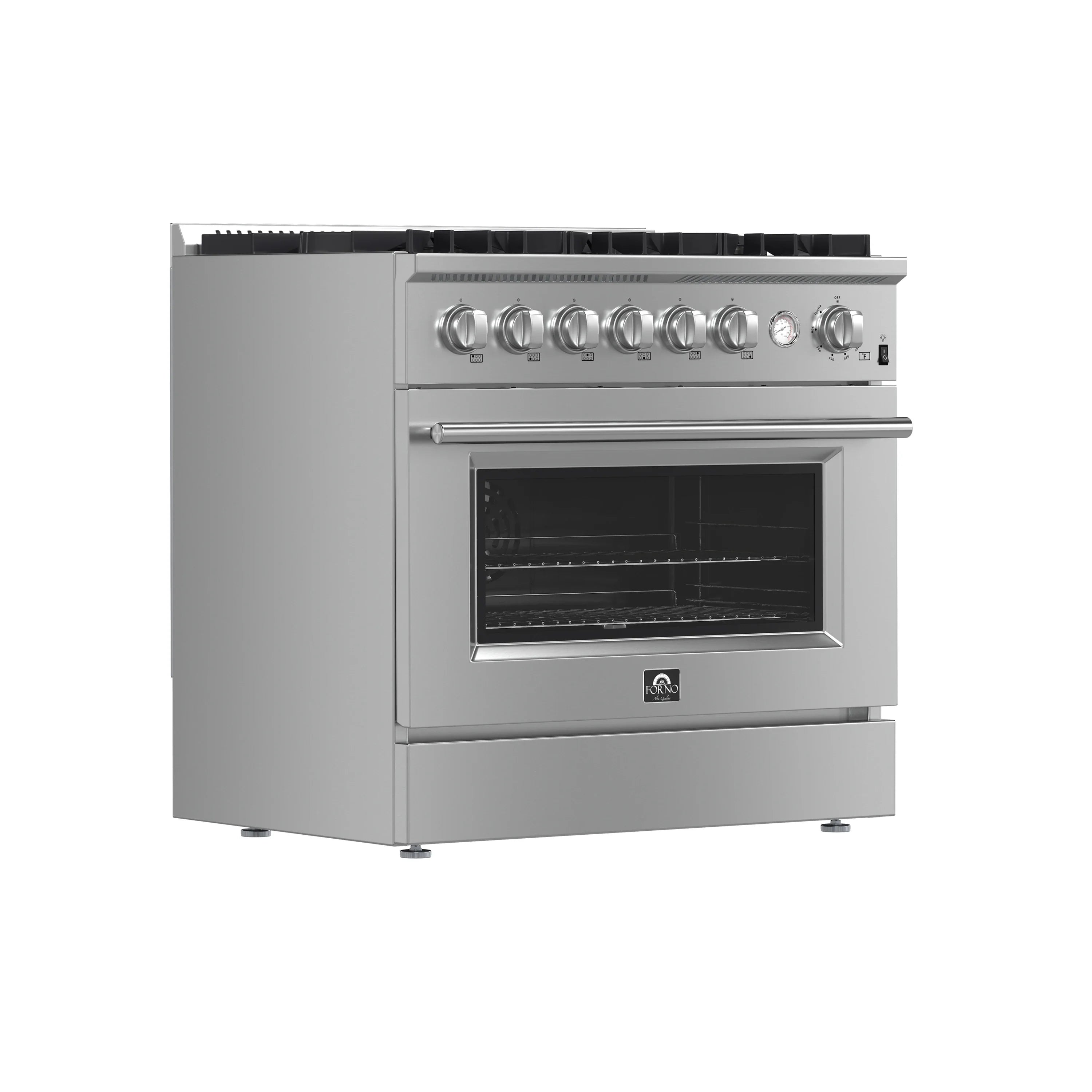Stainless steel gas range front view with burner knobs and oven