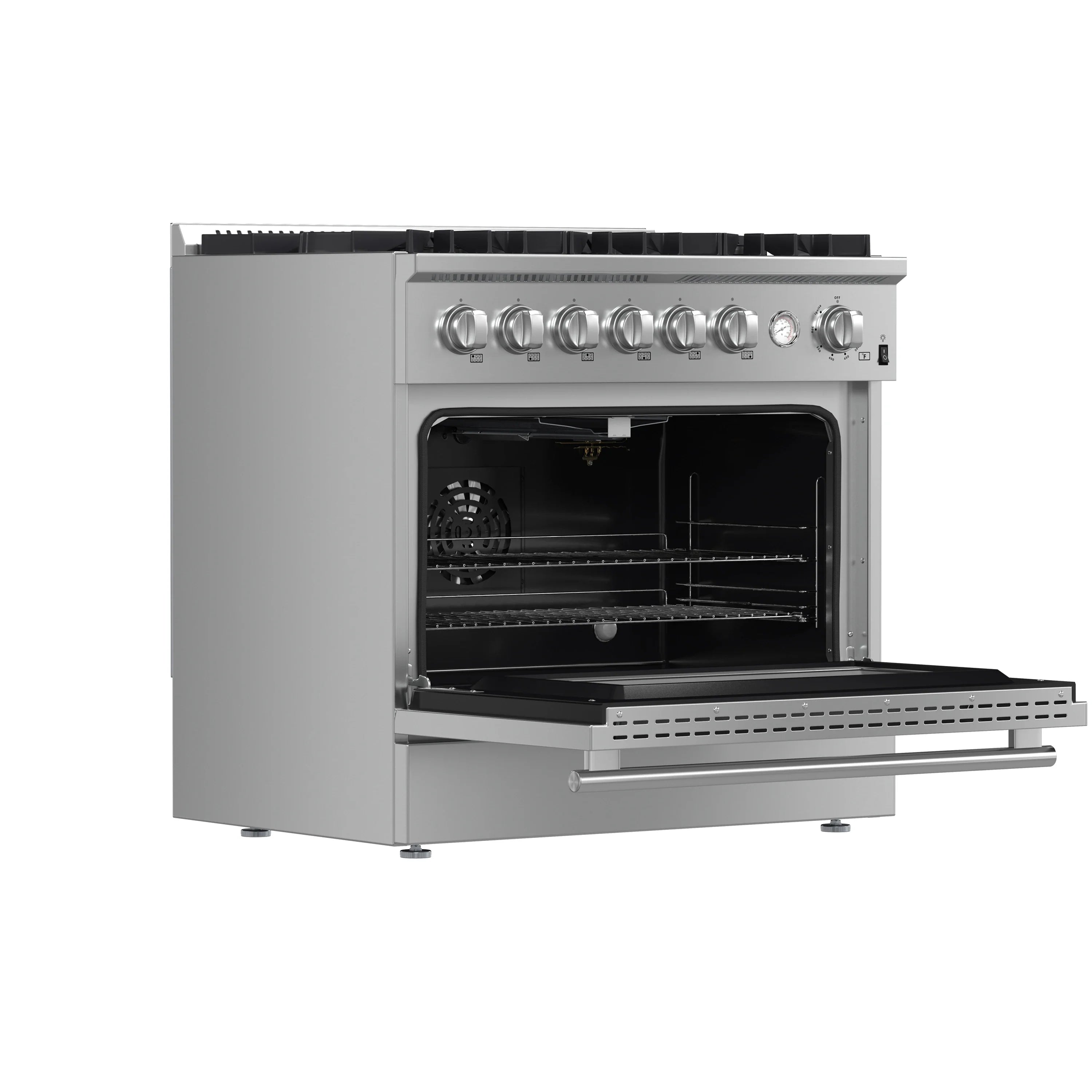 Stainless steel gas range with open oven door and pull-out oven rack