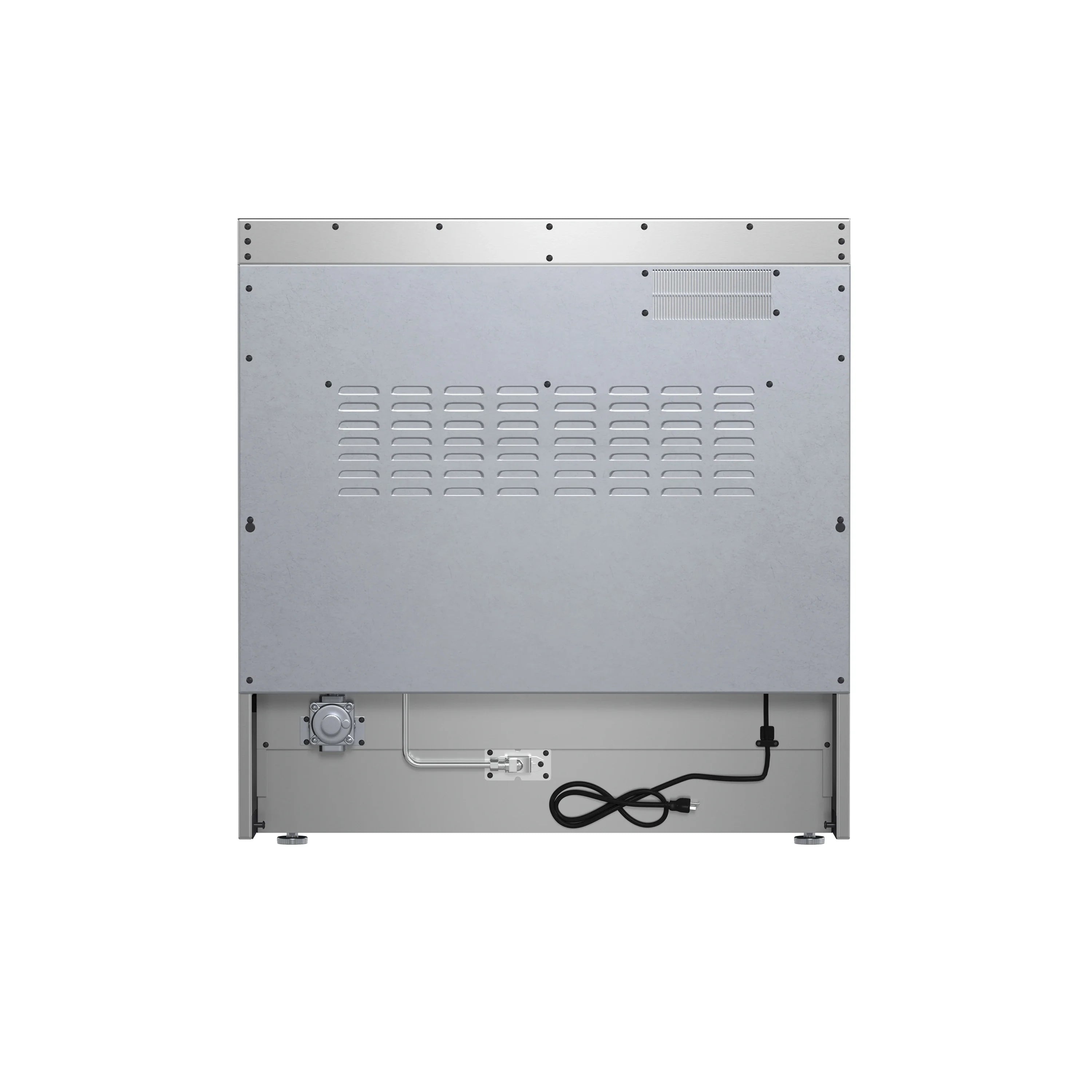 Stainless steel refrigerator rear panel with vent openings and visible power cord