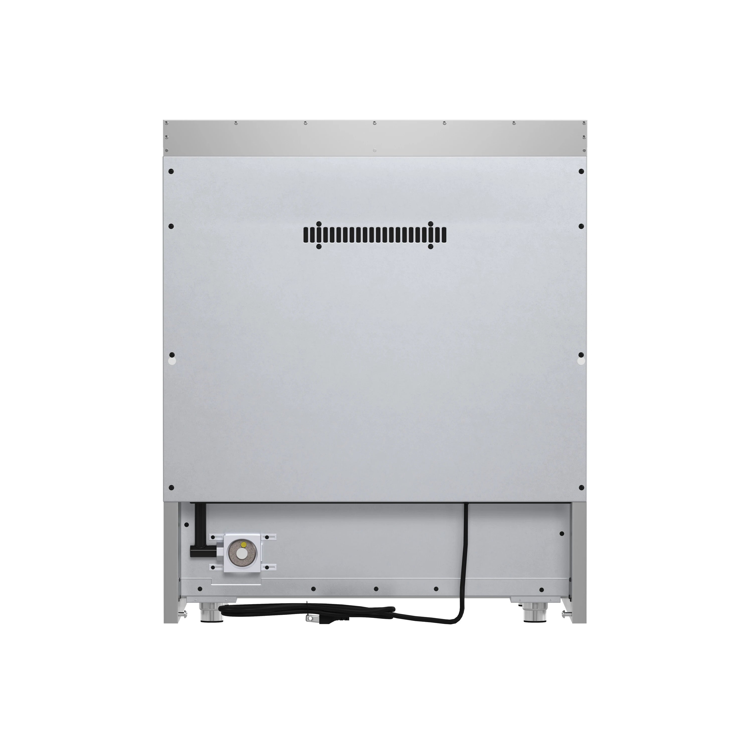 Stainless steel gas range rear panel with vent grille and power connection
