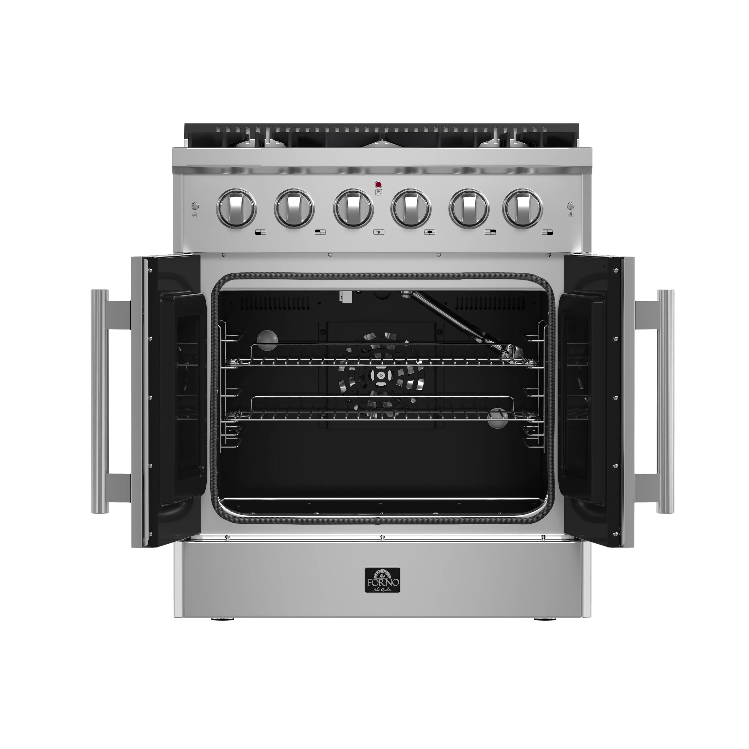 Stainless steel gas range with French door oven open and interior racks visible