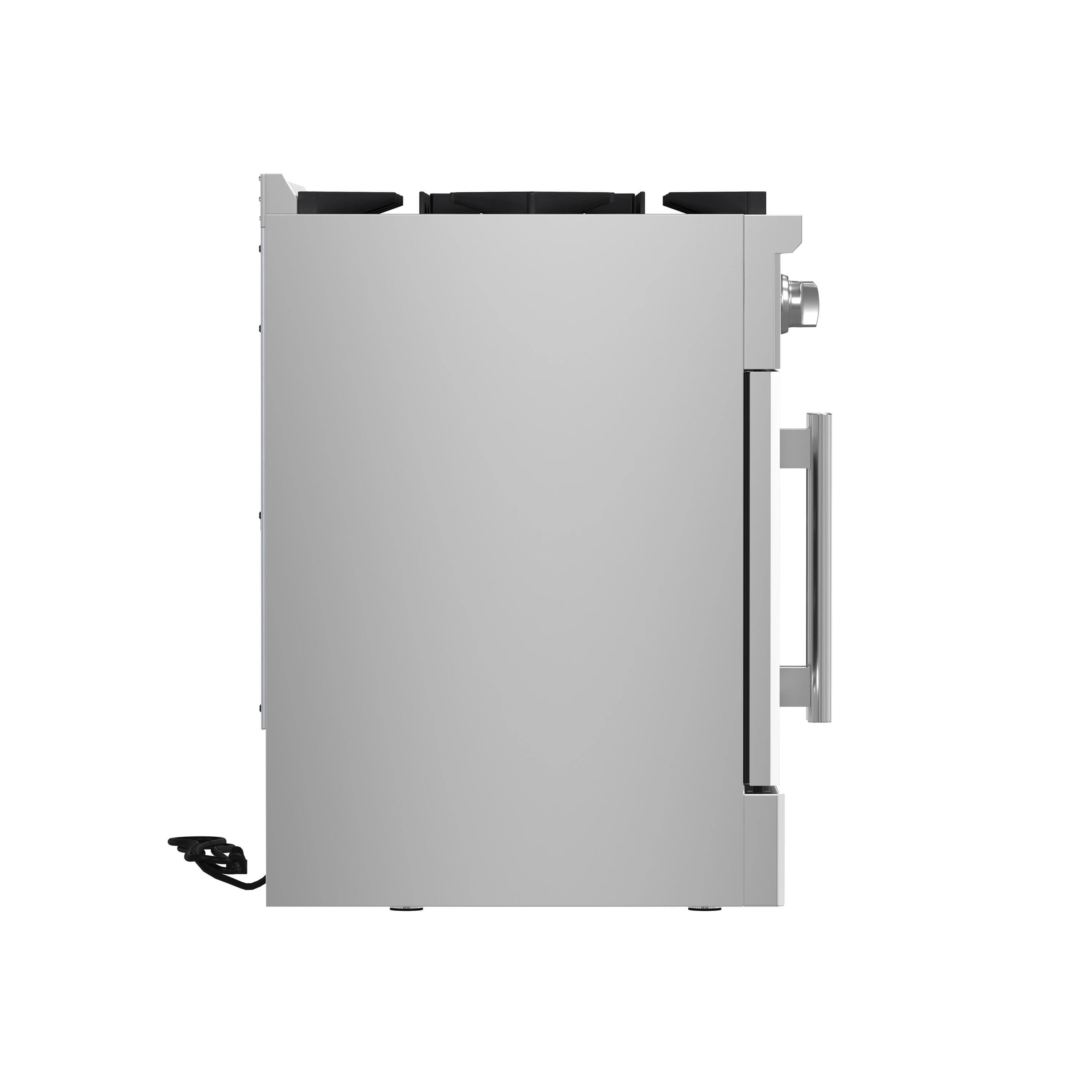 Stainless steel gas range side view with oven door handle and control area