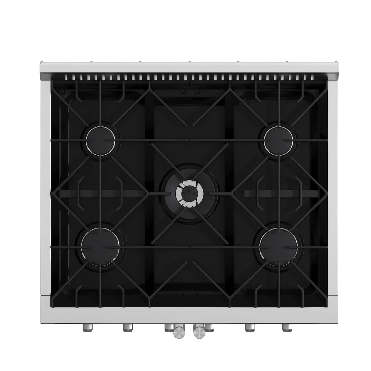 Stainless steel gas range cooktop with black grates and burner caps.