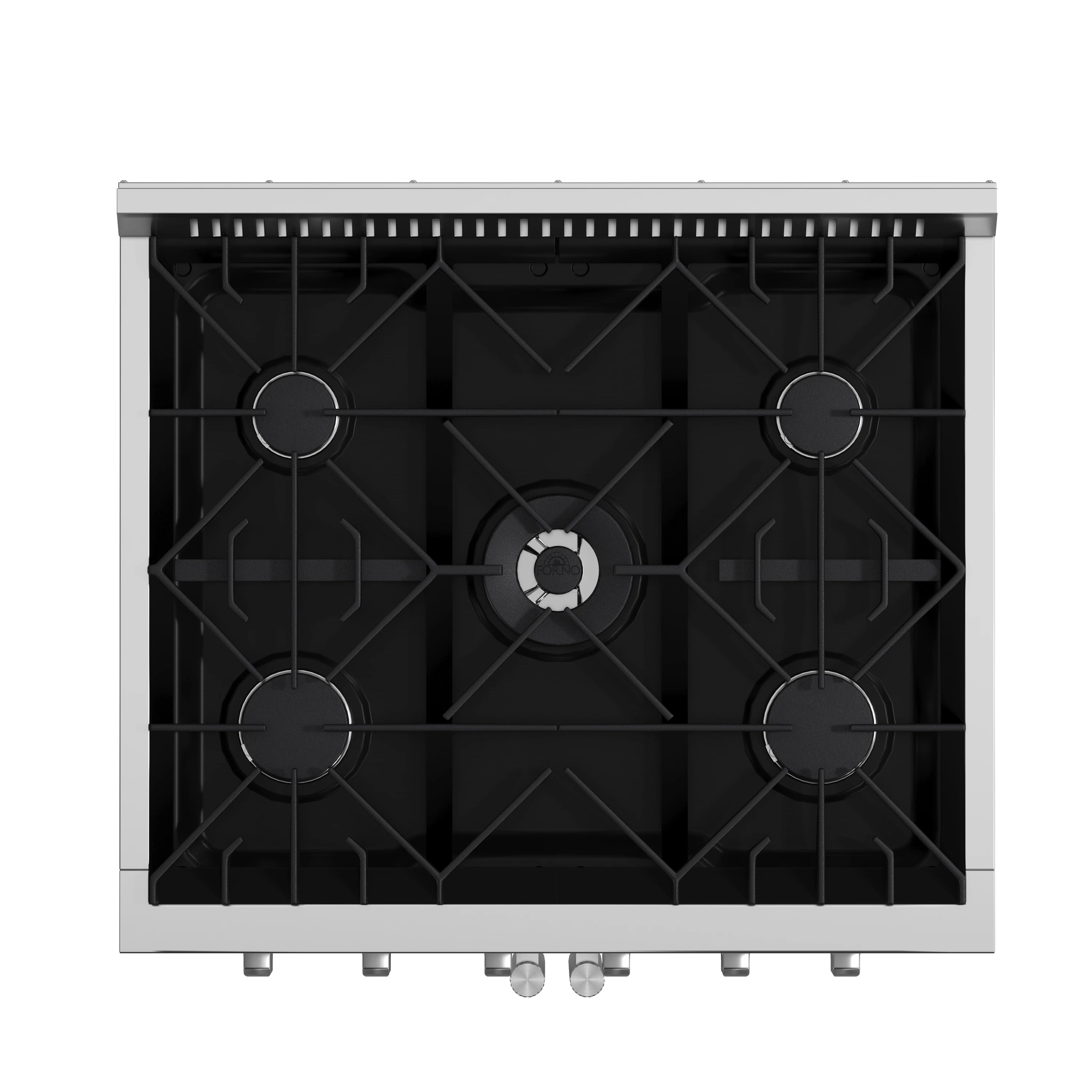 Stainless steel gas range cooktop with five burners and black burner grates