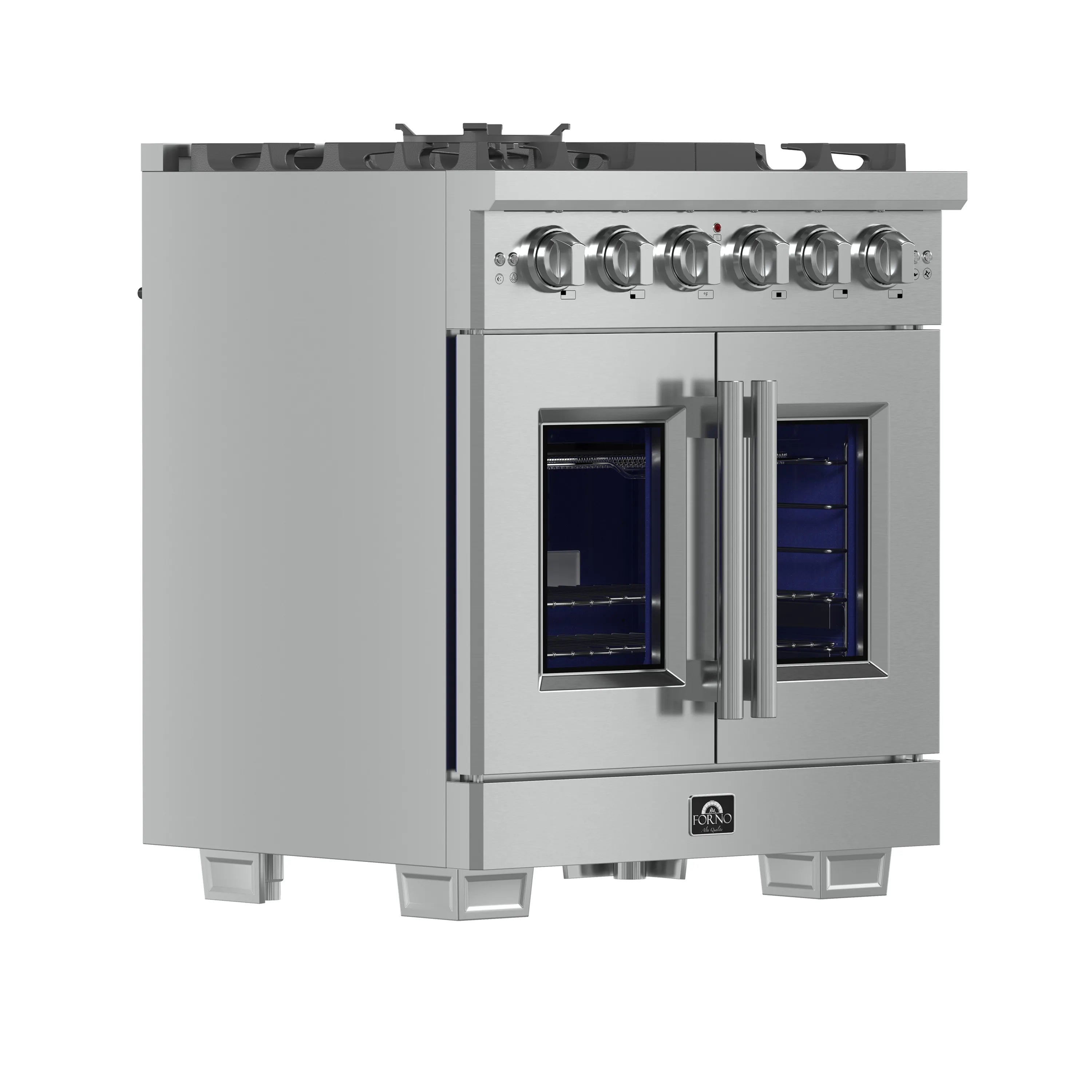 Front view of stainless steel gas range with French oven doors closed