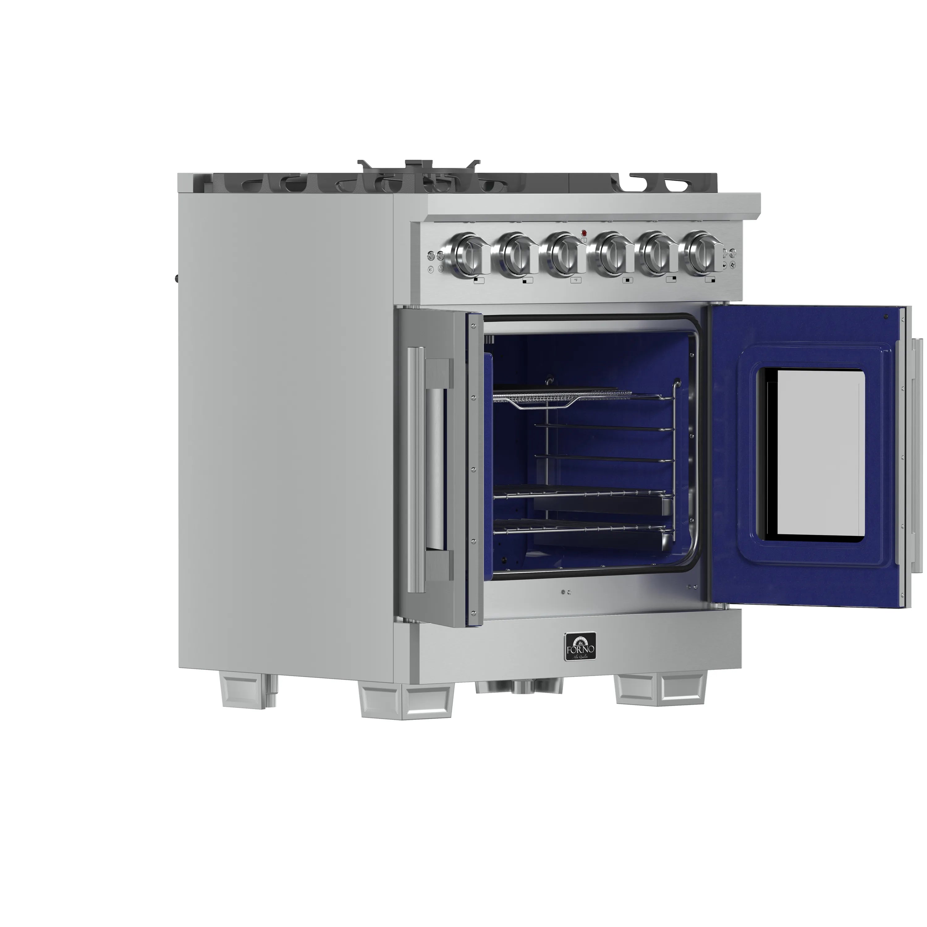 Side view of stainless gas range with one French door open and interior shelves