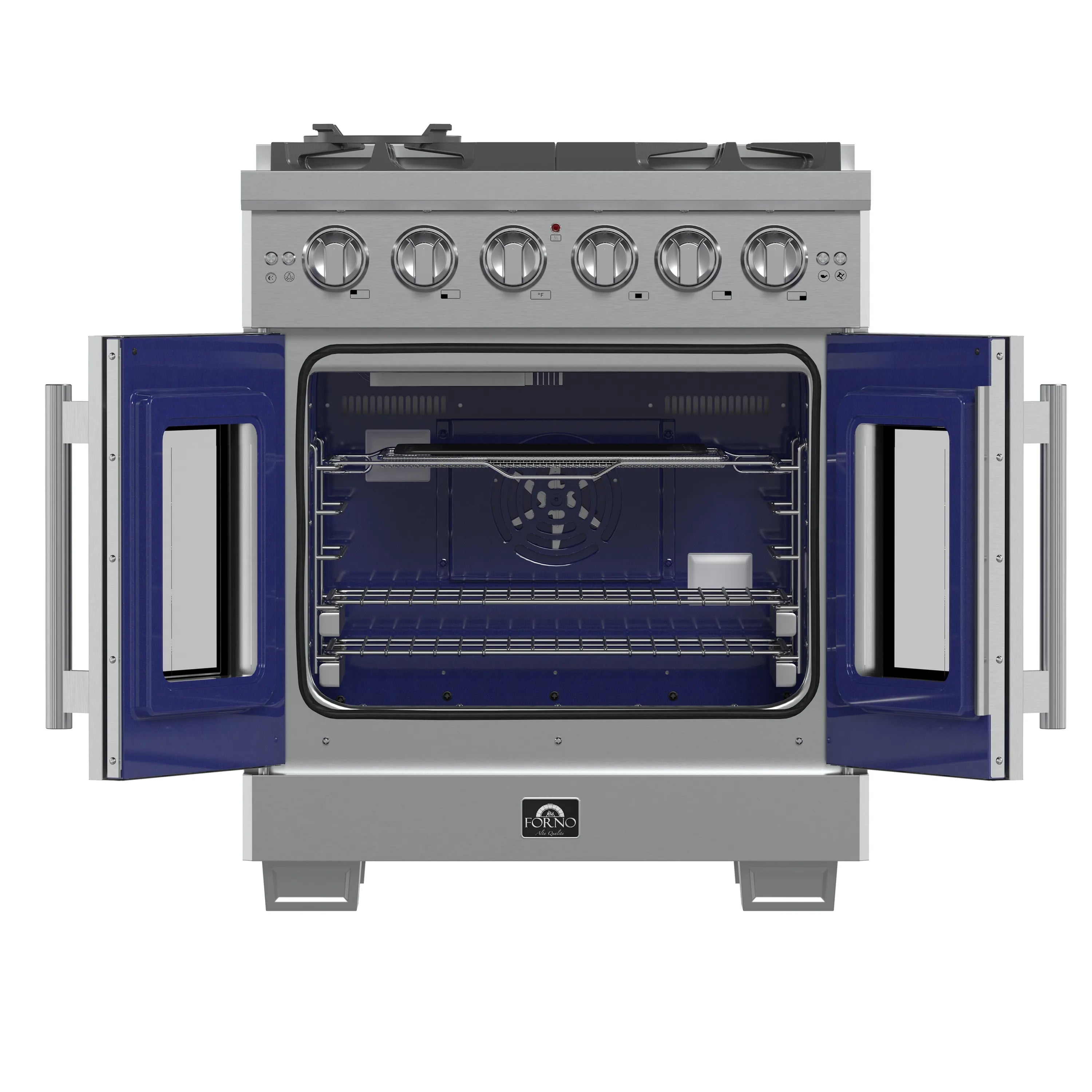Gas oven front with both French doors open, showing racks and burner housing