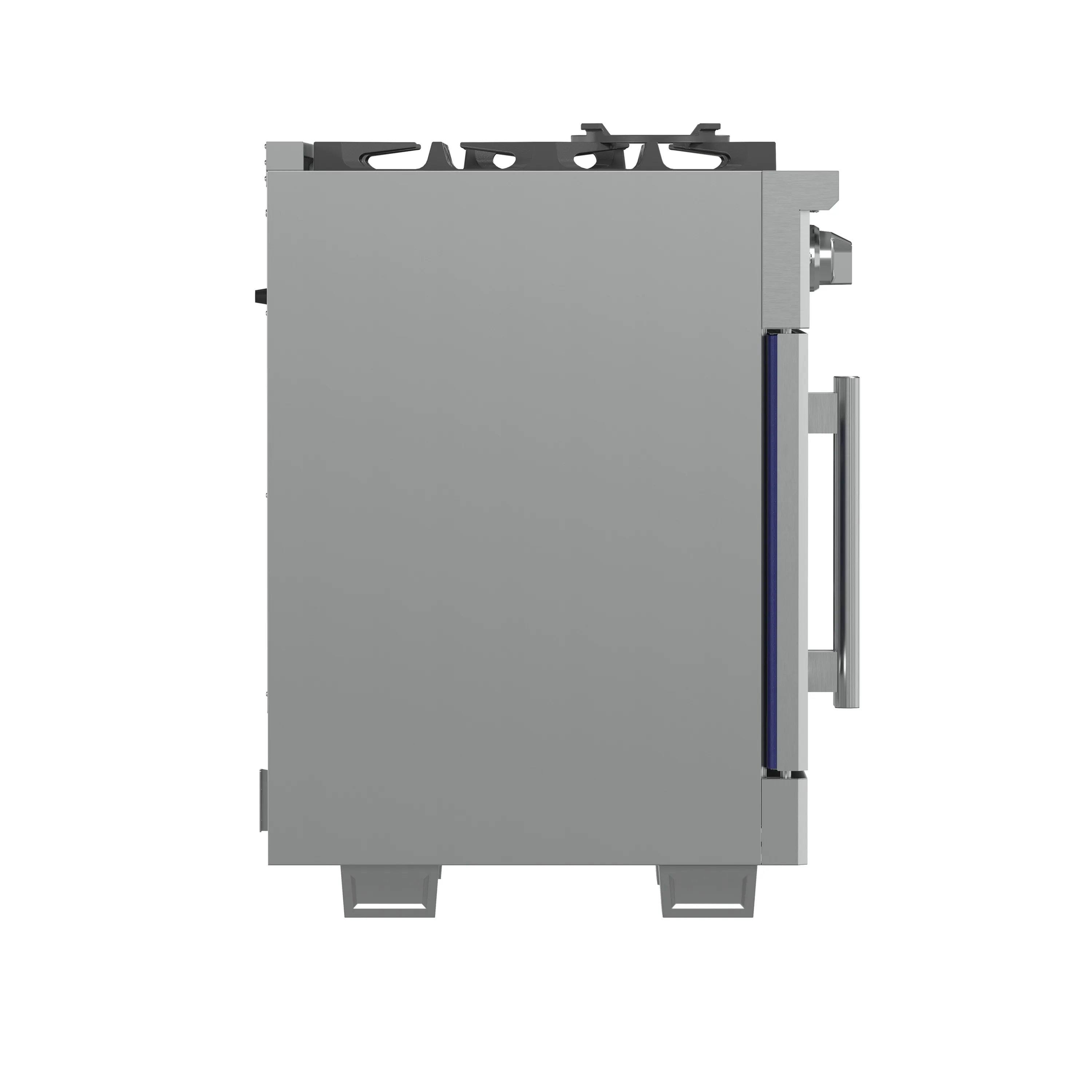 Stainless steel gas range, side view with oven door handle