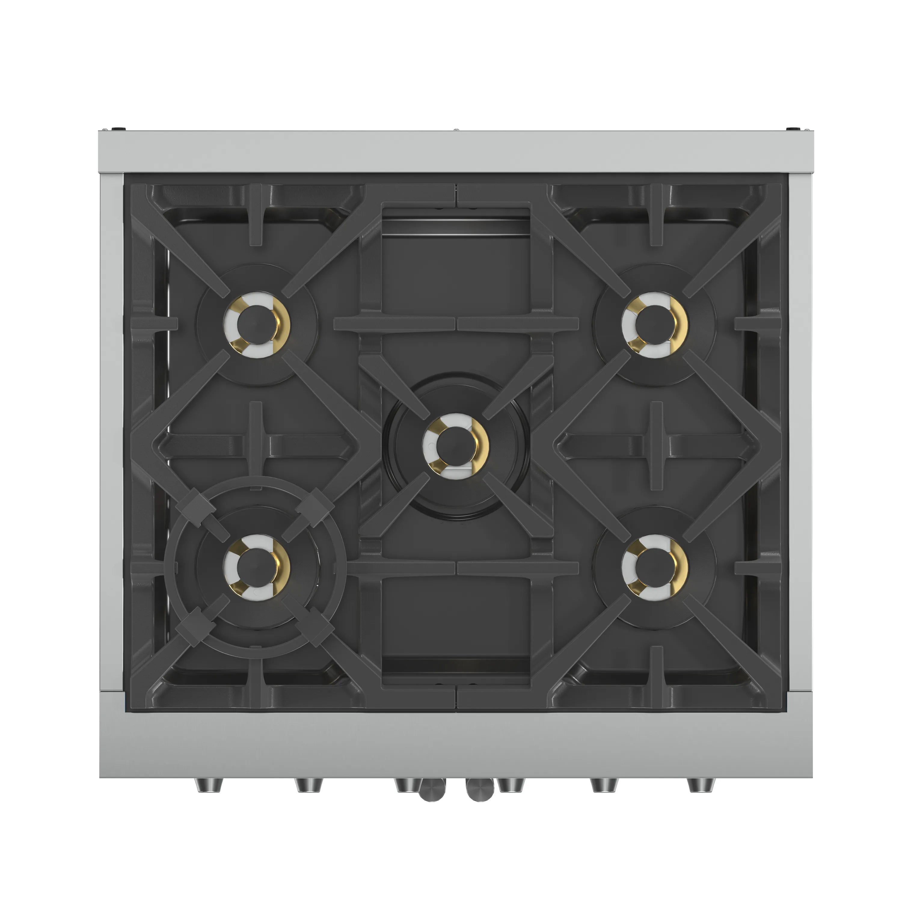 Stainless steel gas cooktop with five black burner grates and burner caps
