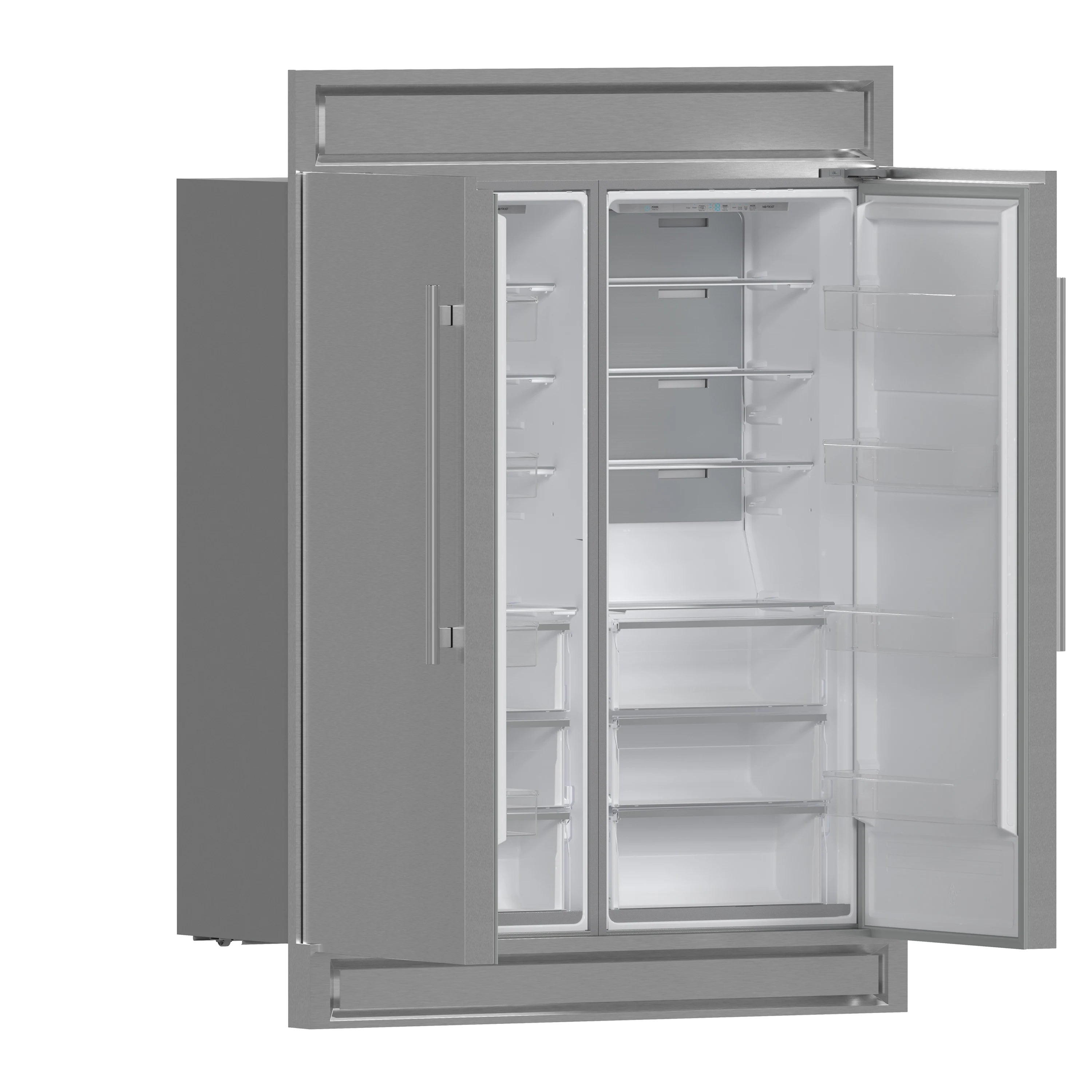 Open refrigerator compartment with white interior shelves and door storage bins