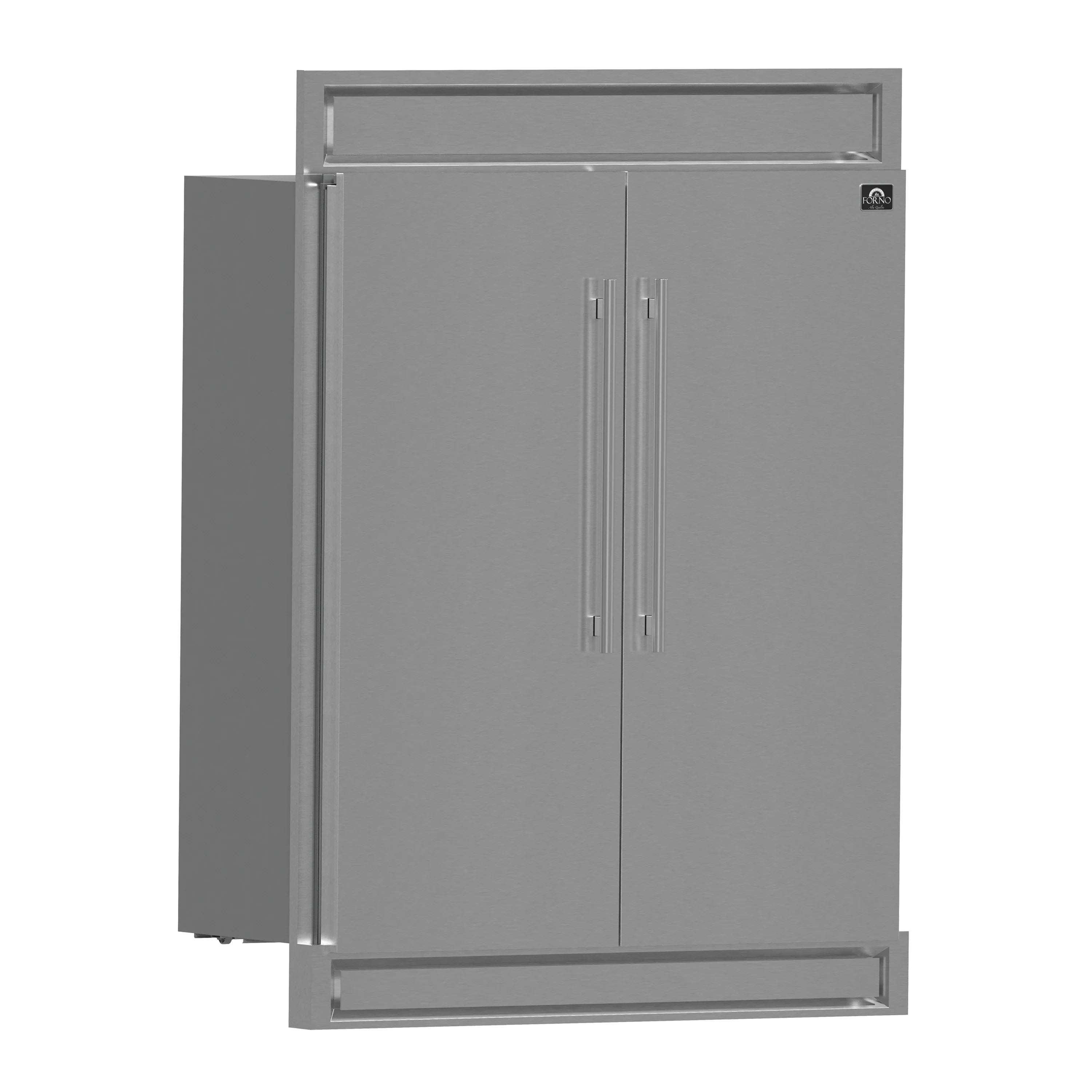 Stainless refrigerator shown with left side open, double doors and bar handles