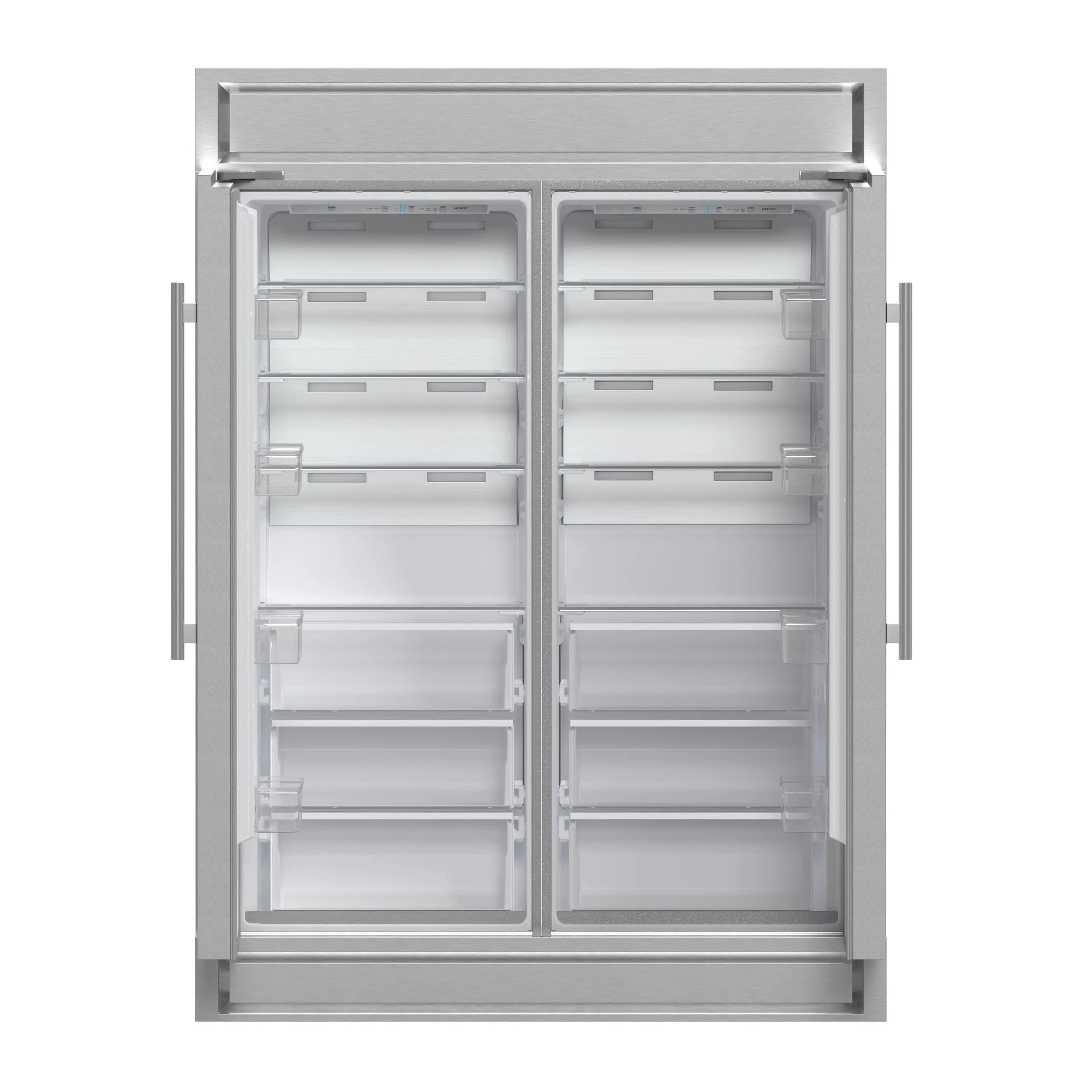 Stainless steel refrigerator with open double doors showing empty shelves and bins