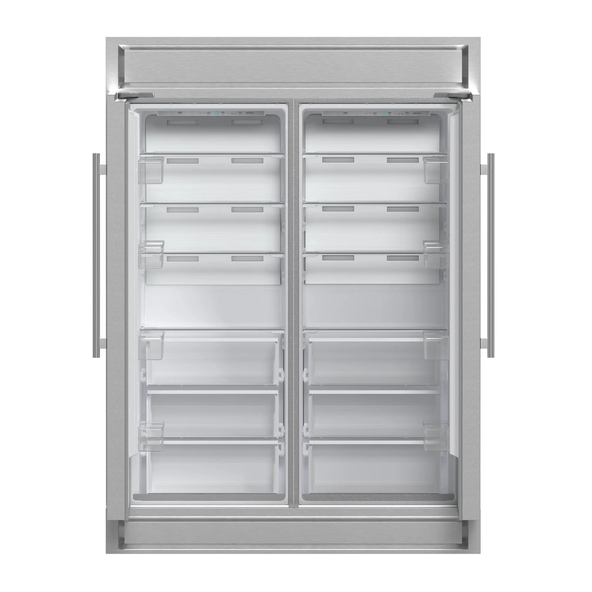 Stainless steel refrigerator with open doors and empty interior compartments