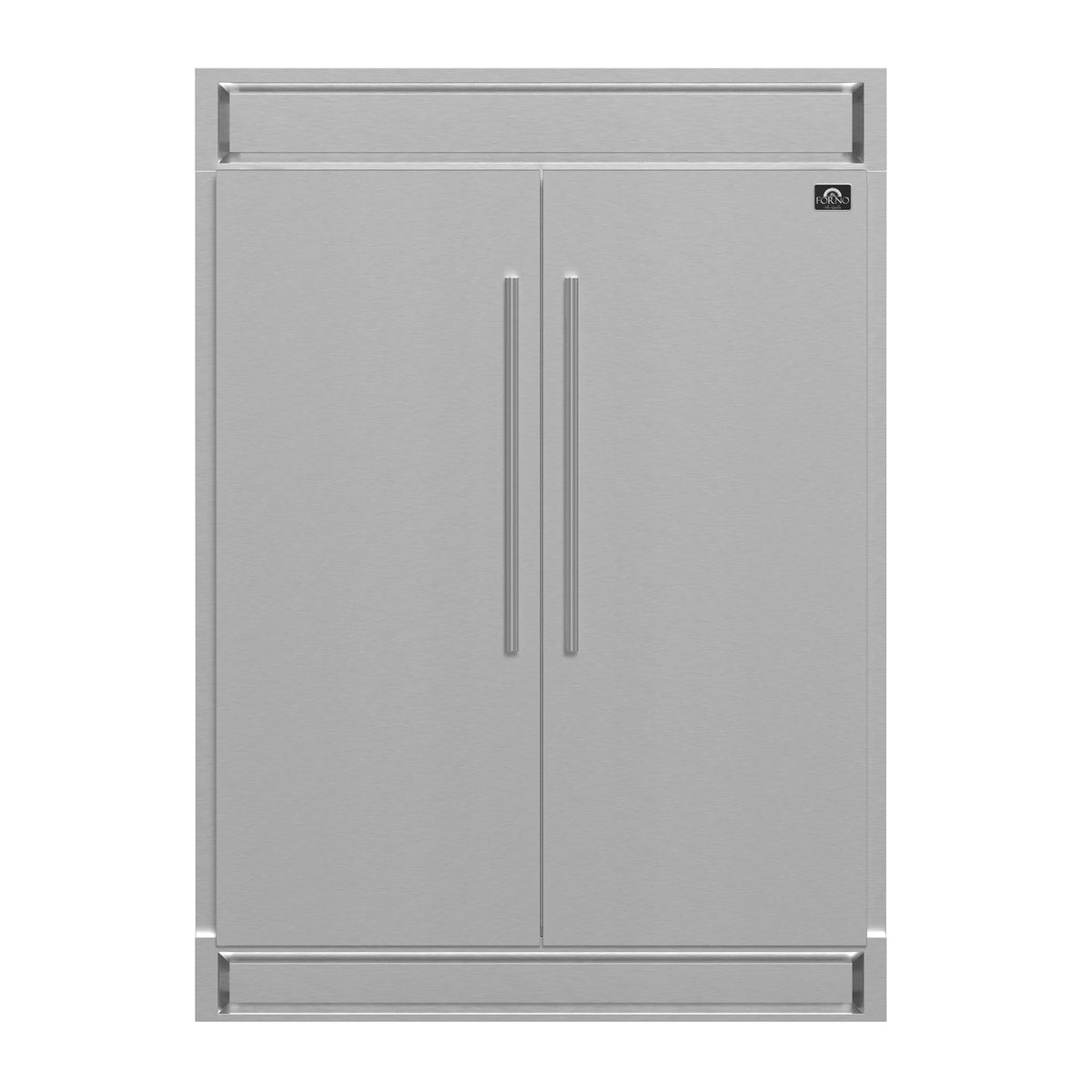 Stainless steel 2-door refrigerator with recessed handles and rectangular top and bottom trim