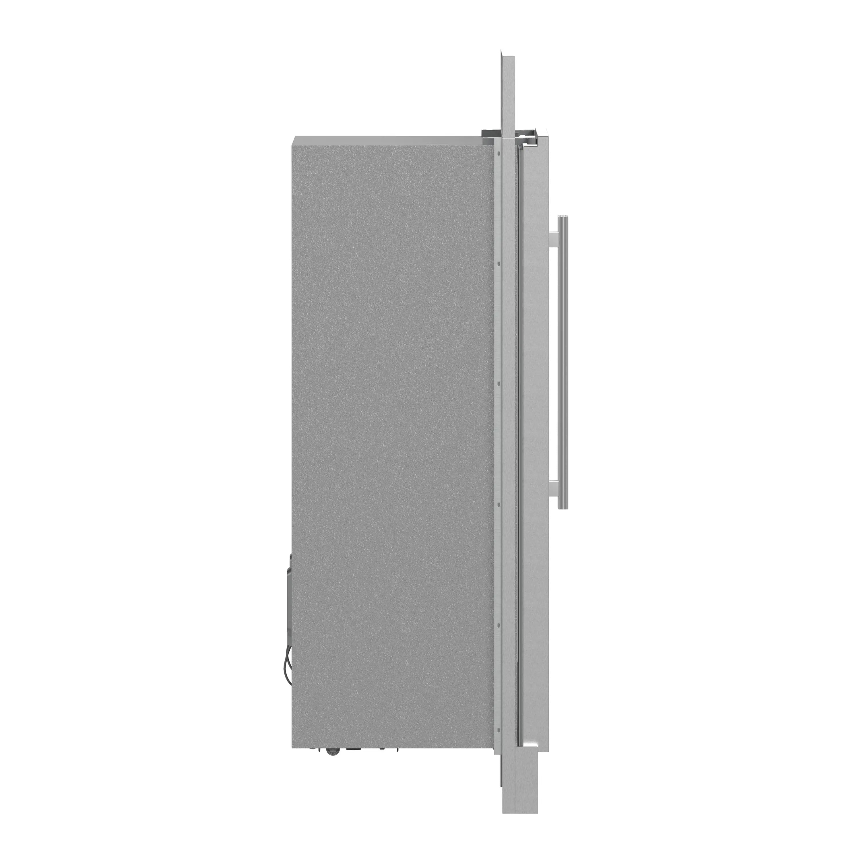Stainless steel refrigerator side view with exterior handle and top grille