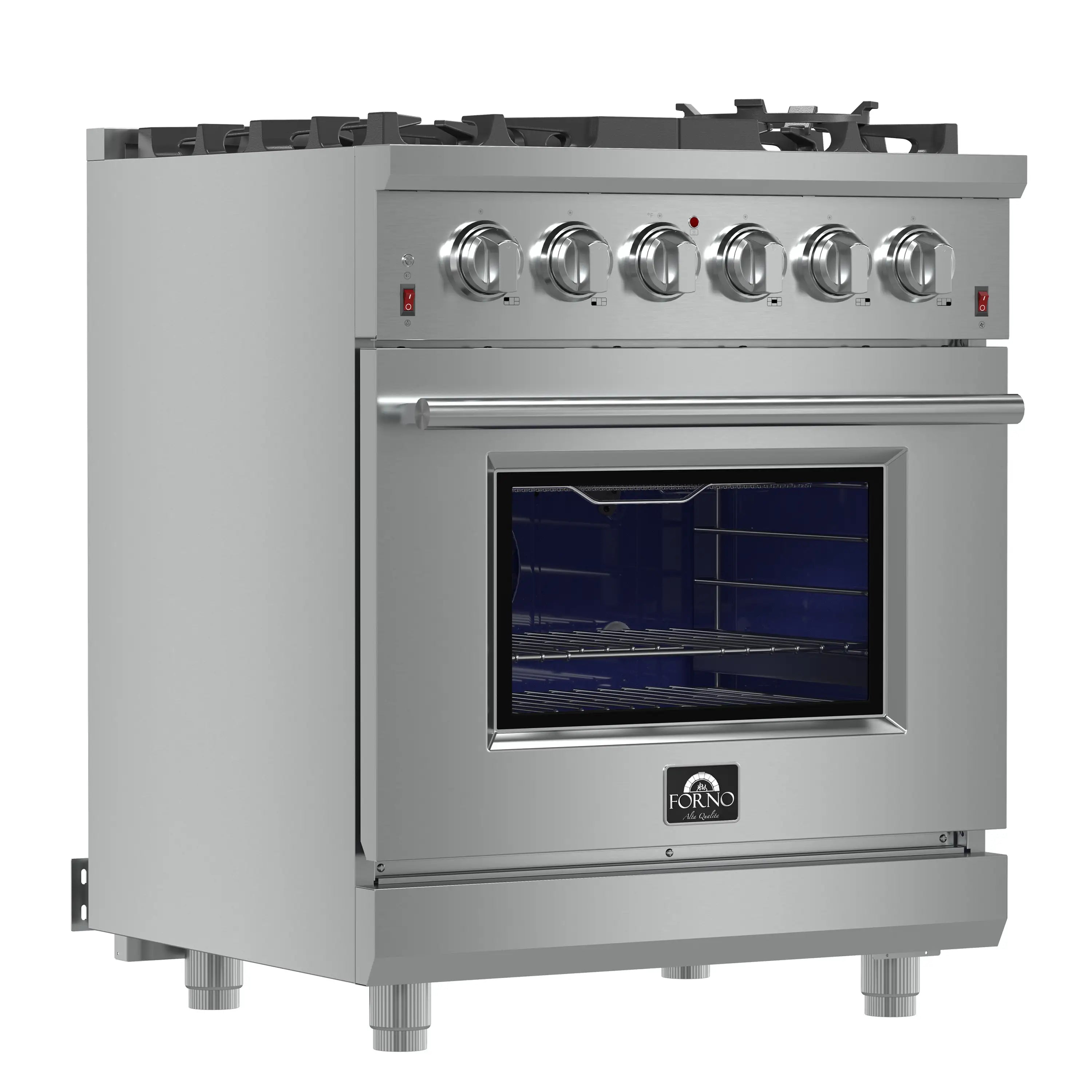 Stainless steel 30-inch gas range with oven door open and blue-lit interior
